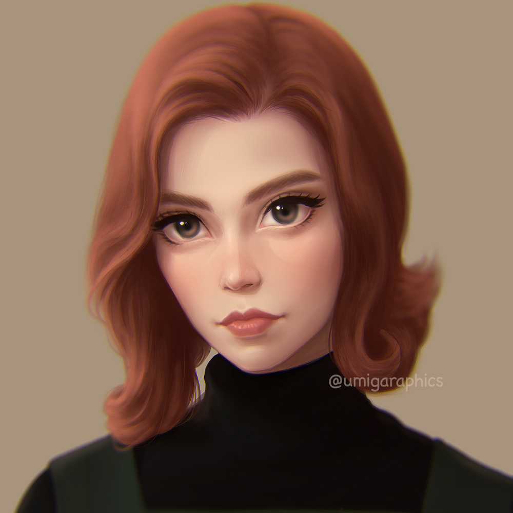 1girl brown_background brown_eyes brown_hair close-up closed_mouth elizabeth_harmon face lips looking_at_viewer portrait short_hair solo the_queen's_gambit turtleneck umigraphics watermark