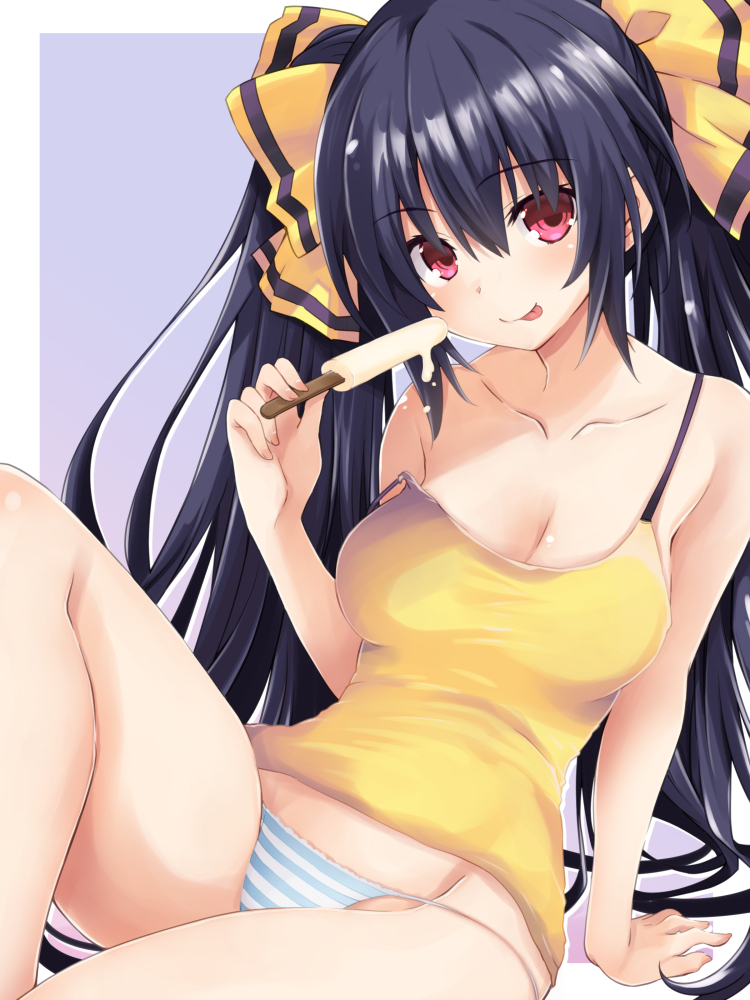 1girl bikini black_hair blush breasts casual cleavage eating food hair_ribbon iwashi_dorobou_-r- long_hair looking_at_viewer medium_breasts neptune_(series) noire panties popsicle red_eyes ribbon smile striped striped_panties swimsuit tongue tongue_out twintails underwear