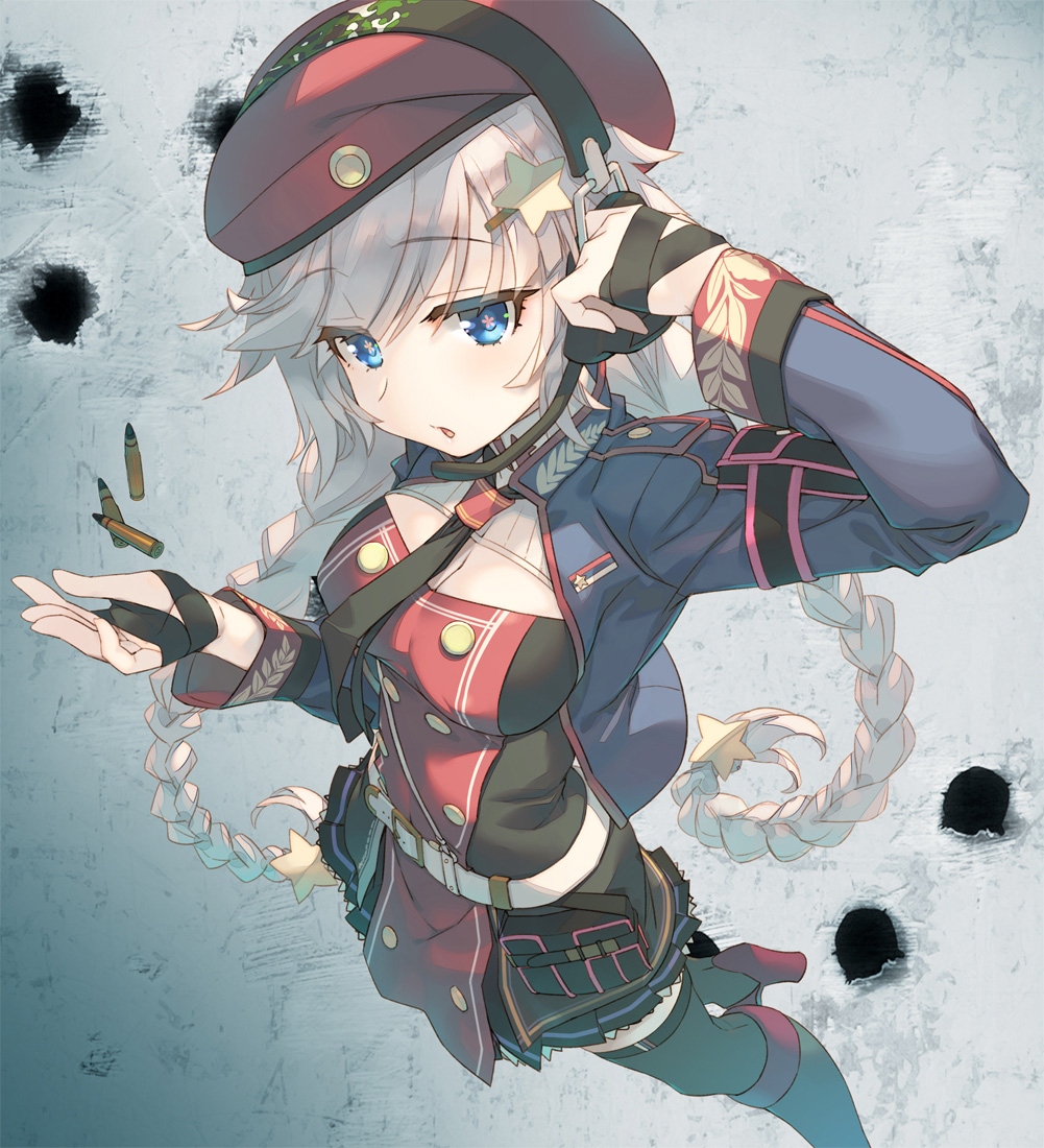 1girl adjusting_headset amazuyu_tatsuki belt beret black_neckwear blue_eyes blue_jacket boots braid breasts bullet_hole cartridge cleavage cleavage_cutout clothing_cutout commentary_request cropped_jacket eyebrows_visible_through_hair eyes_visible_through_hair girls'_frontline hair_ornament hat headset jacket long_hair looking_at_viewer medium_breasts necktie ots-12_(girls'_frontline) pleated_skirt red_headwear silver_hair skirt solo star_(symbol) star_hair_ornament symbol-shaped_pupils thighhighs twin_braids very_long_hair white_belt zettai_ryouiki