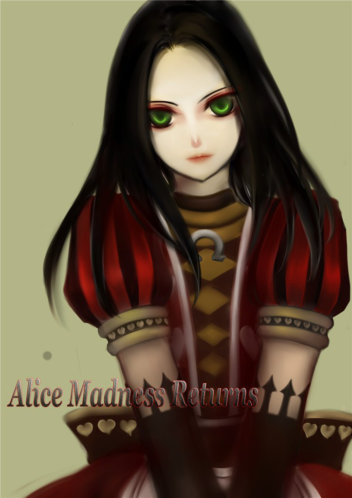 1girl 302lion alice:_madness_returns alice_(alice_in_wonderland) american_mcgee's_alice black_hair closed_mouth dress gloves green_eyes heart jupiter_symbol long_hair looking_at_viewer puffy_sleeves simple_background solo