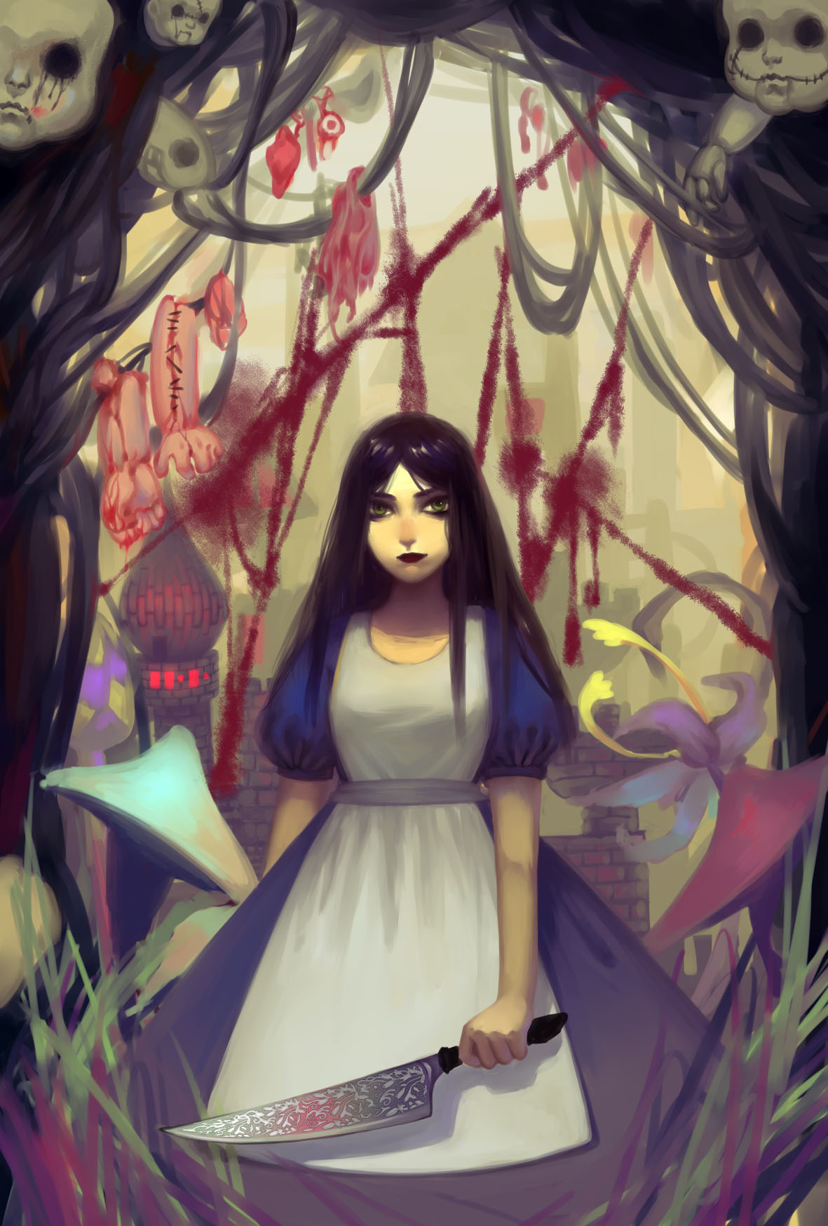 1girl alice:_madness_returns alice_(alice_in_wonderland) american_mcgee's_alice apron black_hair blood breasts castle closed_mouth dress highres knife lipstick long_hair looking_at_viewer makeup mushroom puffy_sleeves solo wei_li