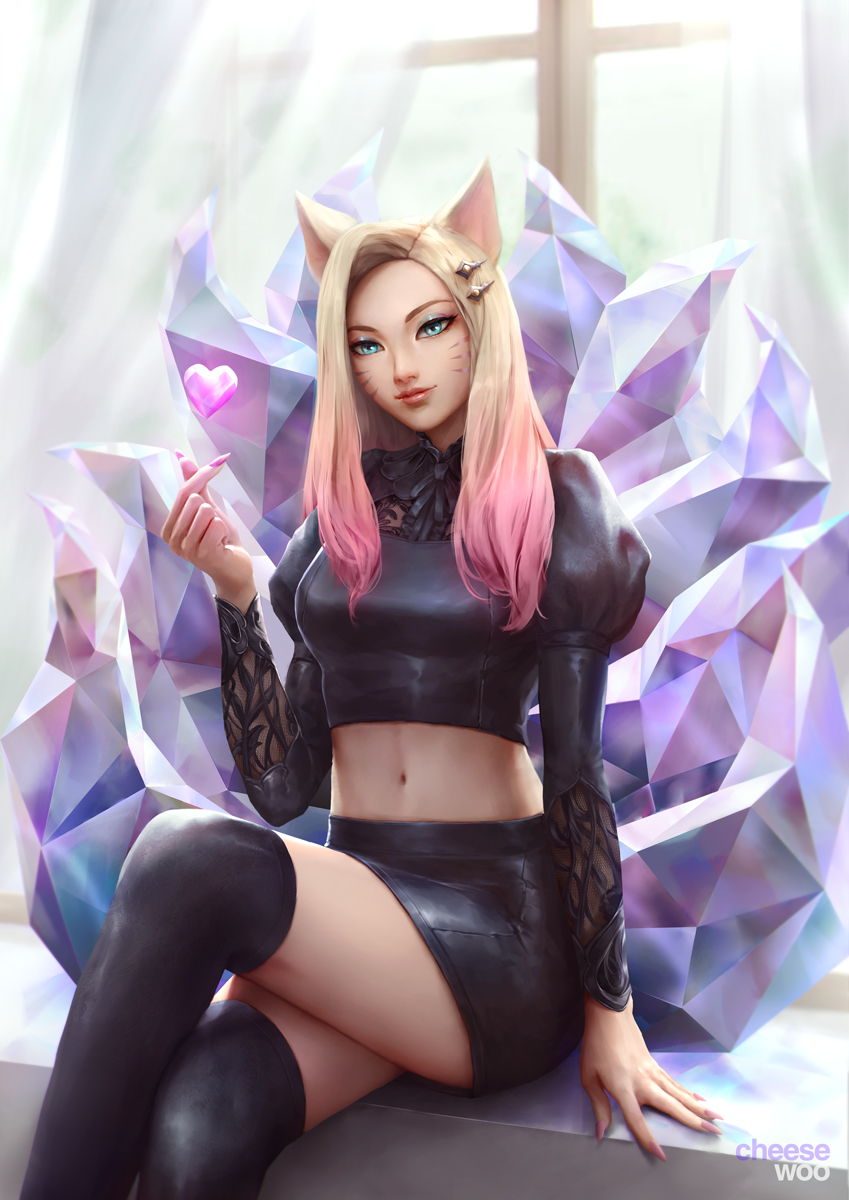 1girl ahri animal_ears artist_name blonde_hair blue_eyes breasts cheesewoo closed_mouth colored_tips crop_top crossed_legs crystal_tail curtains eyeshadow facial_hair facial_mark fingernails fox_ears hair_ornament hairclip heart highres k/da_(league_of_legends) league_of_legends lips long_fingernails long_hair long_sleeves looking_at_viewer makeup midriff miniskirt multicolored_hair multiple_tails navel pink_hair pink_nails sitting skirt snapping_fingers solo straight_hair tail the_baddest_ahri thighhighs two-tone_hair vastaya whisker_markings window zettai_ryouiki