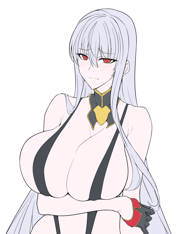 1girl arm_under_breasts bangs black_gloves blush breasts cleavage detached_collar eyebrows_visible_through_hair flat_color gloves hair_between_eyes halcon holding_own_arm large_breasts long_bangs long_hair looking_at_viewer red_eyes selvaria_bles senjou_no_valkyria_(series) senjou_no_valkyria_1 silver_hair simple_background slingshot_swimsuit solo swimsuit upper_body white_background work_in_progress