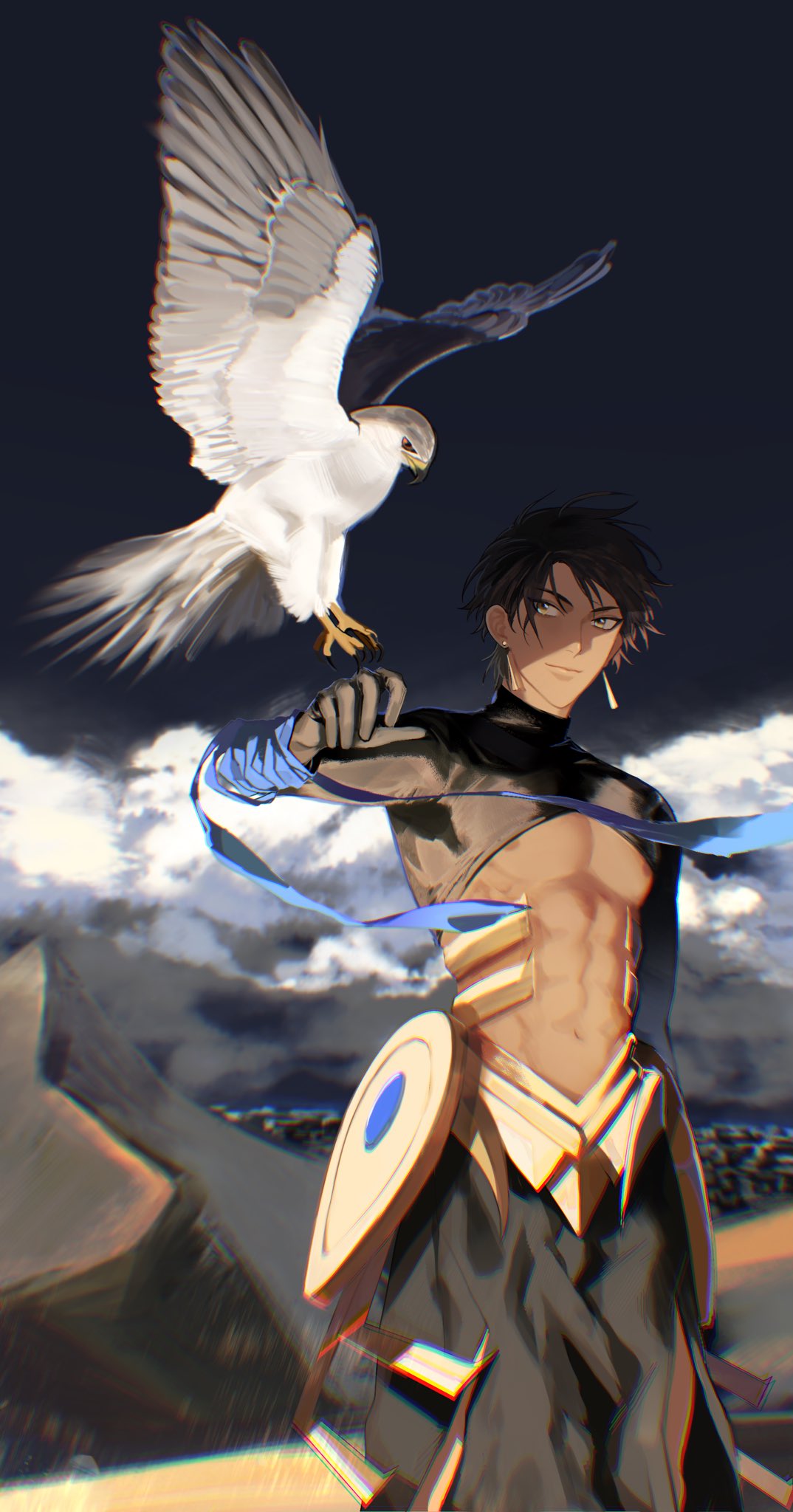 1boy abs bare_pectorals bird brown_hair dark-skinned_male dark_skin eagle earrings egyptian_clothes fate/grand_order fate/prototype fate/prototype:_fragments_of_blue_and_silver fate_(series) feet_out_of_frame hair_between_eyes highres jewelry male_focus nagamikaku navel nipples ozymandias_(fate) pectorals pyramid short_hair shrug_(clothing) solo stomach toned toned_male yellow_eyes