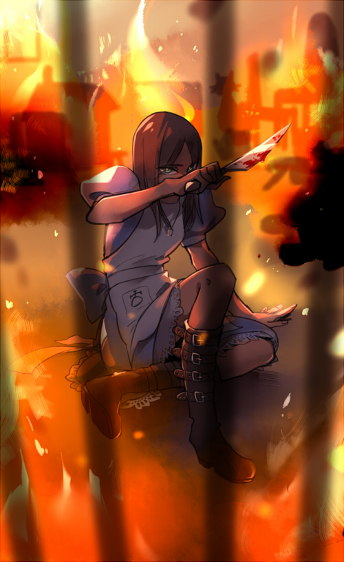 1girl alice:_madness_returns alice_(alice_in_wonderland) american_mcgee's_alice apron black_hair blood boots breasts cat dress fire jewelry jupiter_symbol knife long_hair necklace ninetailfoxg solo
