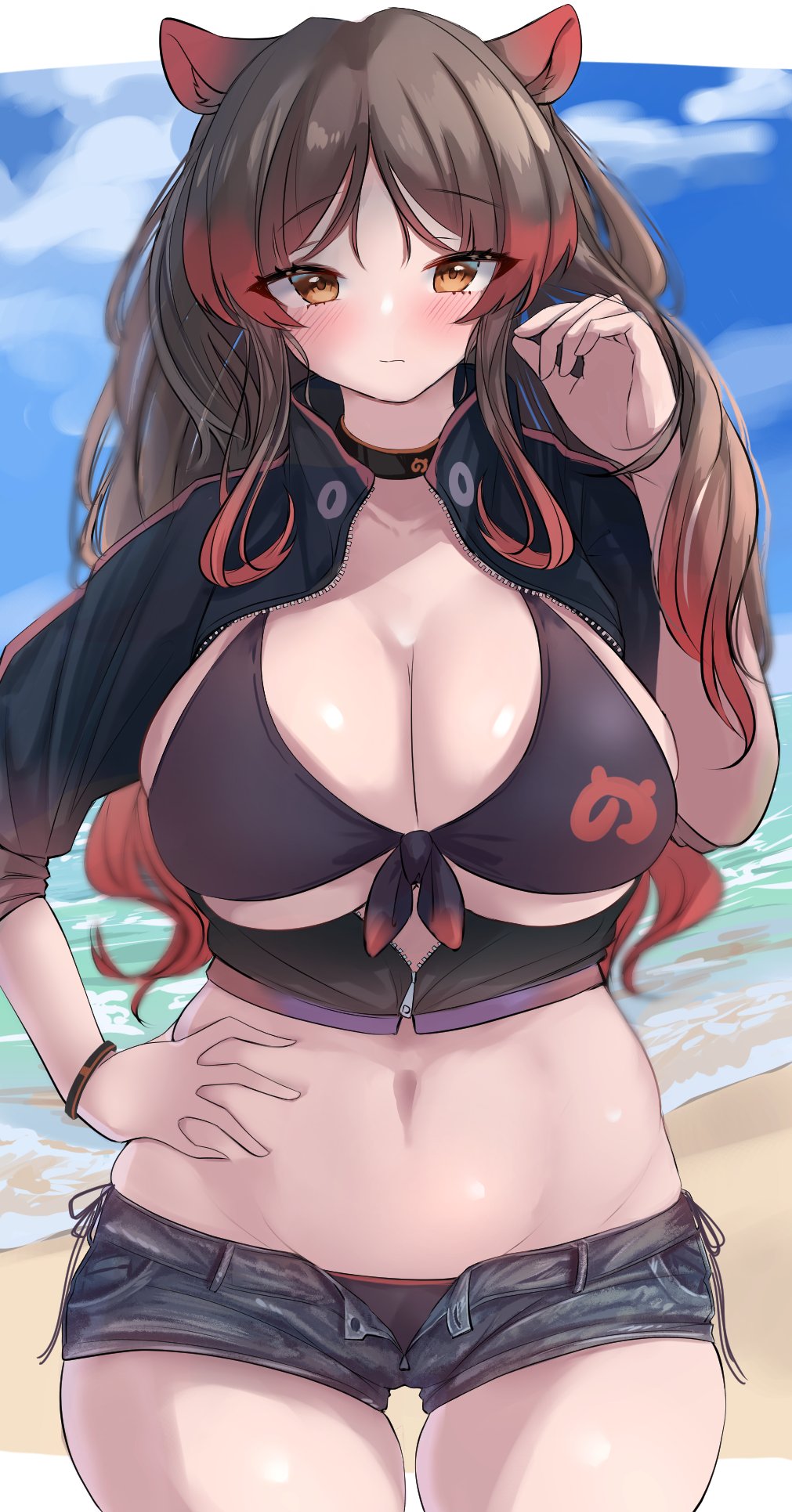 1girl alternate_breast_size alternate_costume animal_ears bangs beach bikini bikini_under_clothes blush breasts breasts_outside brown_eyes brown_hair buchibussei choker cleavage closed_mouth cowboy_shot day eyebrows_visible_through_hair front-tie_bikini front-tie_top hand_on_hip hand_up highres hippopotamus_(kemono_friends) hippopotamus_ears huge_breasts jacket japari_symbol kemono_friends long_hair looking_at_viewer midriff multicolored_hair navel ocean open_clothes open_fly open_shorts outdoors parted_bangs partially_unzipped red_hair sand shiny shiny_skin short_shorts shorts side-tie_bikini side-tie_bottom skindentation solo stomach swimsuit track_jacket two-tone_hair unbuttoned underboob very_long_hair water zipper zipper_pull_tab