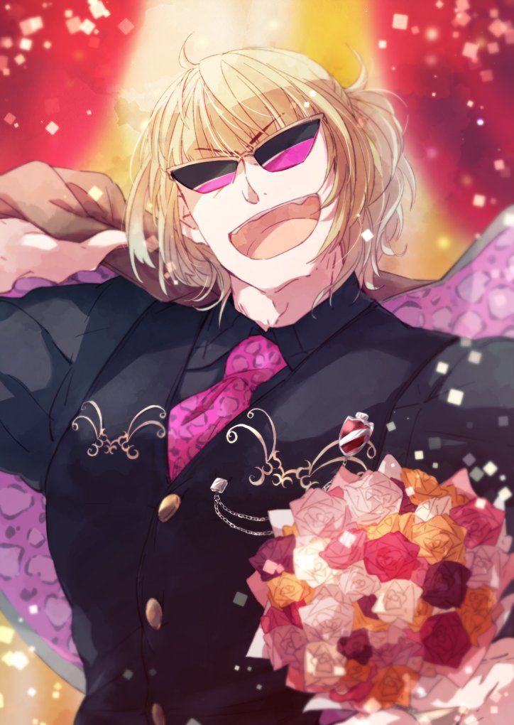 1boy alternate_hairstyle black-framed_eyewear black_shirt black_vest blonde_hair bouquet collared_shirt fate/grand_order fate_(series) flower grin heroic_spirit_formal_dress holding holding_bouquet incoming_gift looking_at_viewer male_focus muscular muscular_male necktie official_alternate_costume pectorals pu_(hruuwawa) purple-tinted_eyewear sakata_kintoki_(fate) shirt short_hair smile solo sunglasses tied_hair tinted_eyewear upper_body vest