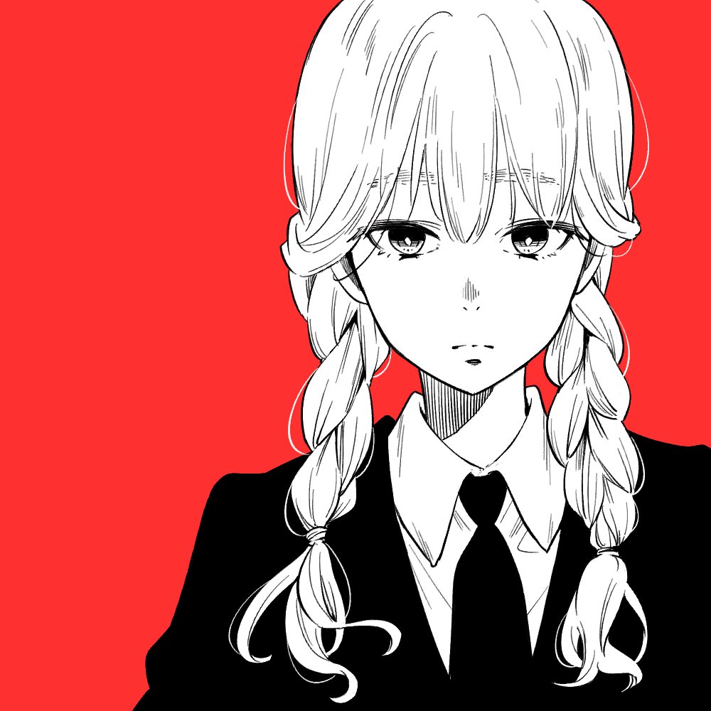 1girl braid closed_mouth collared_shirt edomon-do frown greyscale_with_colored_background hair_over_shoulder jacket long_sleeves looking_at_viewer monochrome necktie original portrait red_background shirt simple_background solo straight-on suit twin_braids twintails upper_body