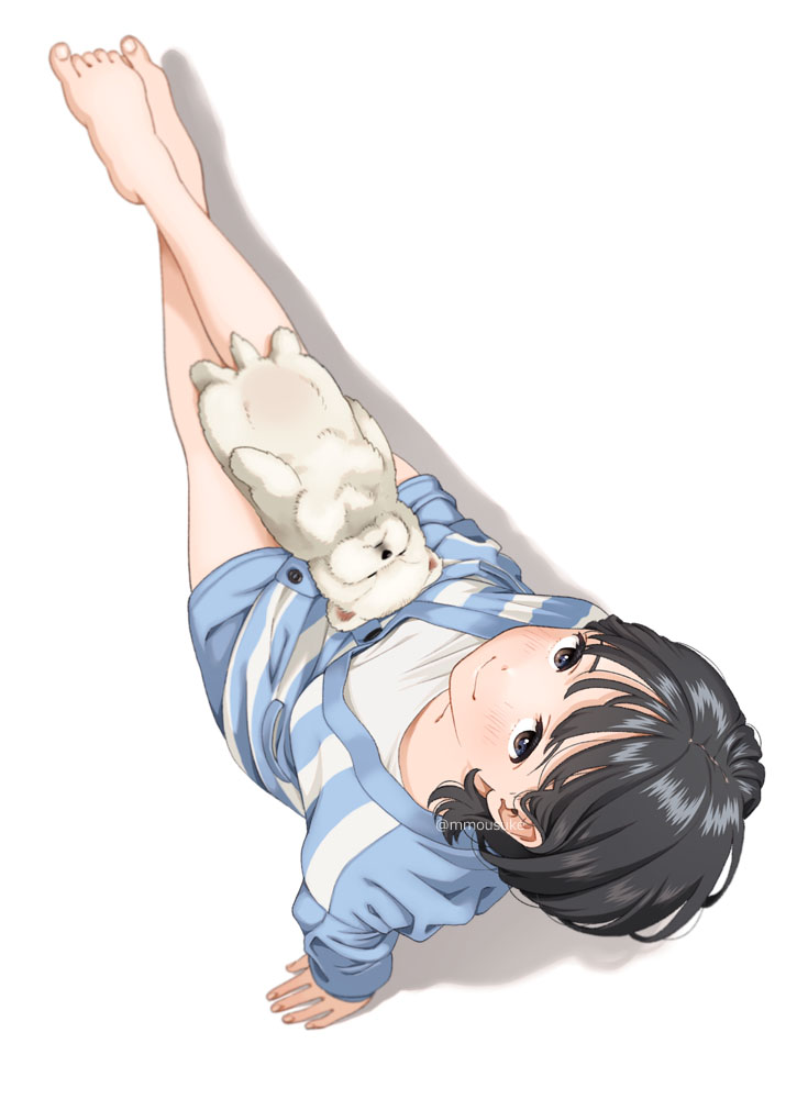 1girl animal bare_legs barefoot black_hair blue_shorts breasts brown_eyes closed_mouth crossed_legs dog from_above full_body jacket long_sleeves looking_at_viewer looking_up mattaku_mousuke on_lap original shadow shirt shorts simple_background sitting small_breasts smile solo striped striped_jacket twitter_username white_background white_shirt
