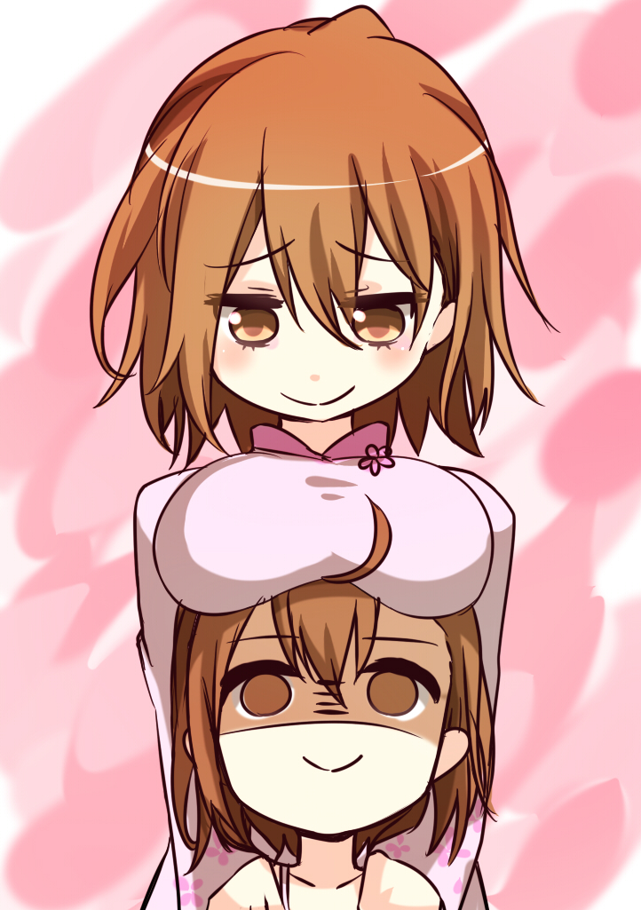 2girls age_difference ahoge breast_rest breasts breasts_on_head brown_eyes brown_hair child closed_mouth commentary_request dress empty_eyes hair_between_eyes hands_on_another's_shoulders height_difference i.u.y large_breasts last_order_(toaru_majutsu_no_index) long_sleeves looking_at_another medium_hair messy_hair misaka_worst multiple_girls no_pupils pink_background shaded_face siblings sisters smile toaru_majutsu_no_index toaru_majutsu_no_index:_new_testament upper_body vietnamese_dress white_dress