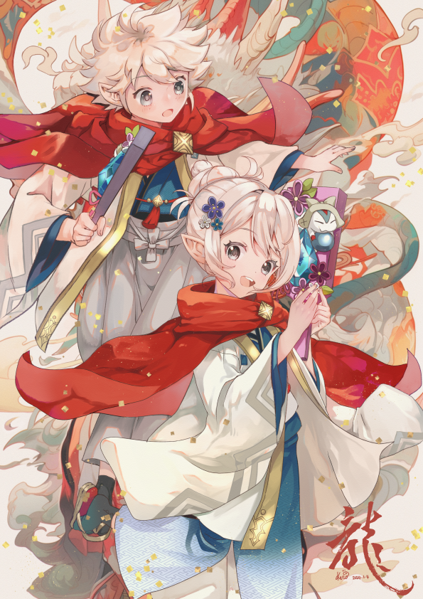 1boy 2girls capelet commentary_request dated dragon fire_emblem fire_emblem_fates fire_emblem_heroes flower grey_eyes hair_flower hair_ornament japanese_clothes kana_(female)_(fire_emblem) kana_(female)_(rising_sunlight)_(fire_emblem) kana_(fire_emblem) kana_(male)_(fire_emblem) kana_(male)_(rising_dragon)_(fire_emblem) kero_sweet kimono lilith_(fire_emblem) multiple_girls official_alternate_costume open_mouth pointy_ears red_capelet scarf short_hair smile teeth upper_teeth_only white_hair