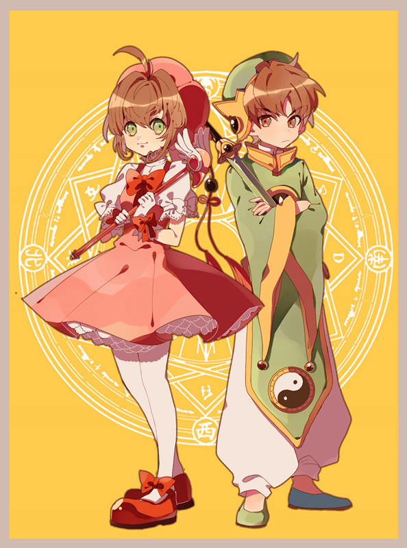 1boy 1girl bingmao-chan bow brown_hair cardcaptor_sakura child gloves green_eyes holding holding_wand kinomoto_sakura li_syaoran magical_boy magical_girl red_bow red_footwear shoes smile standing sword wand weapon white_gloves