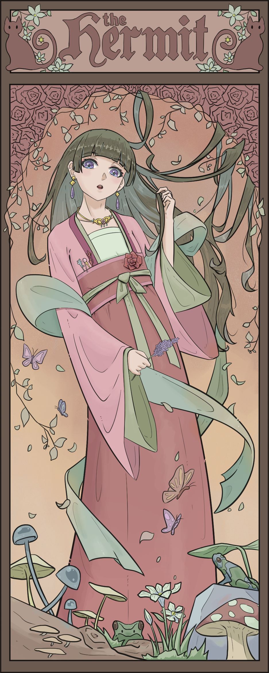 1girl animal blunt_bangs border bug butterfly cat chinese_clothes english_text feet_out_of_frame flat_chest flower frog gradient_background green_hair hair_down hair_ornament hair_stick hand_up hanfu highres holding holding_flower jewelry kusuriya_no_hitorigoto leaf leaning_to_the_side lipstick long_hair makeup maomao_(kusuriya_no_hitorigoto) mushroom necklace nuan_shang orange_background plant purple_eyes red_flower red_robe red_rose robe rose sash shawl solo tarot tarot_(medium) the_hermit_(tarot) unworn_hair_ornament very_long_hair vines wide_sleeves