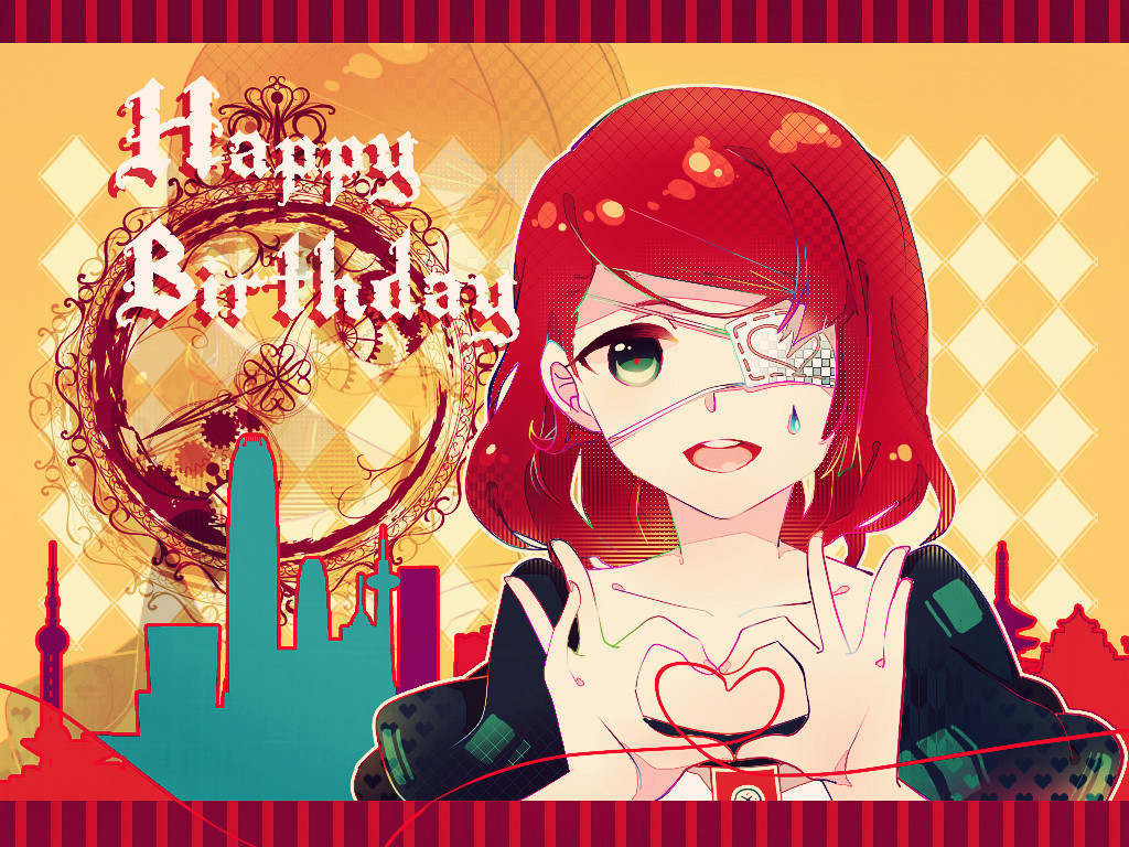 1girl argyle argyle_background border chinese_commentary cityscape collarbone commentary_request compass english_text eyepatch fingernails green_eyes green_sleeves happy_birthday heart heart_hands heart_of_string heart_print huangpi_sang juliet_sleeves letterboxed long_sleeves looking_at_viewer marking_on_cheek medical_eyepatch medium_hair one-eyed open_mouth original outline puffy_sleeves red_border red_hair red_pupils shirt smile solo straight-on striped_border teardrop_facial_mark teeth upper_body upper_teeth_only white_outline white_shirt yellow_background