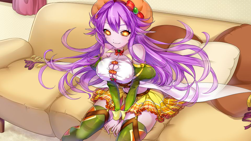 1girl :3 artist_request bare_shoulders black_sclera breasts bursting_breasts cleavage colored_sclera colored_skin couch covered_nipples detached_sleeves game_cg garter_straps ghost_girl glowing glowing_eyes green_thighhighs juliet_sleeves large_breasts long_hair long_sleeves looking_at_viewer midriff monster_musume_no_iru_nichijou monster_musume_no_iru_nichijou_online navel official_alternate_costume official_art on_couch orange_eyes orange_headwear pillow pointy_ears puffy_sleeves pumpkin_hat purple_hair purple_skin ran_(monster_musume) semi-transparent sitting skirt solo thighhighs yellow_skirt zettai_ryouiki