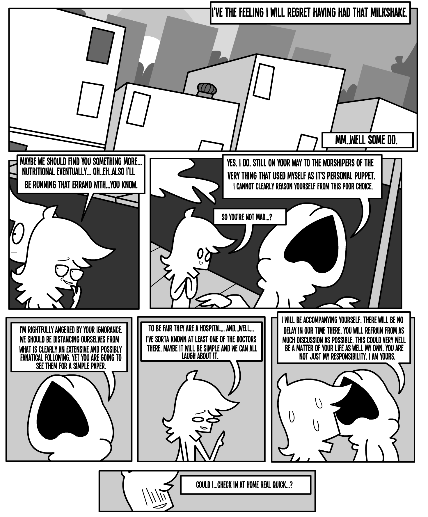 ambiguous_form ambiguous_gender bodily_fluids border building city clothed clothing comic daniel_toke dialogue duo_focus english_text female_(lore) greyscale group hi_res hoodie house human human_only looking_at_another looking_away male mammal mivliano_10-c monochrome narrowed_eyes not_furry outside road shane_frost sidewalk smile speech_bubble sweat sweatdrop text topwear trio white_border window