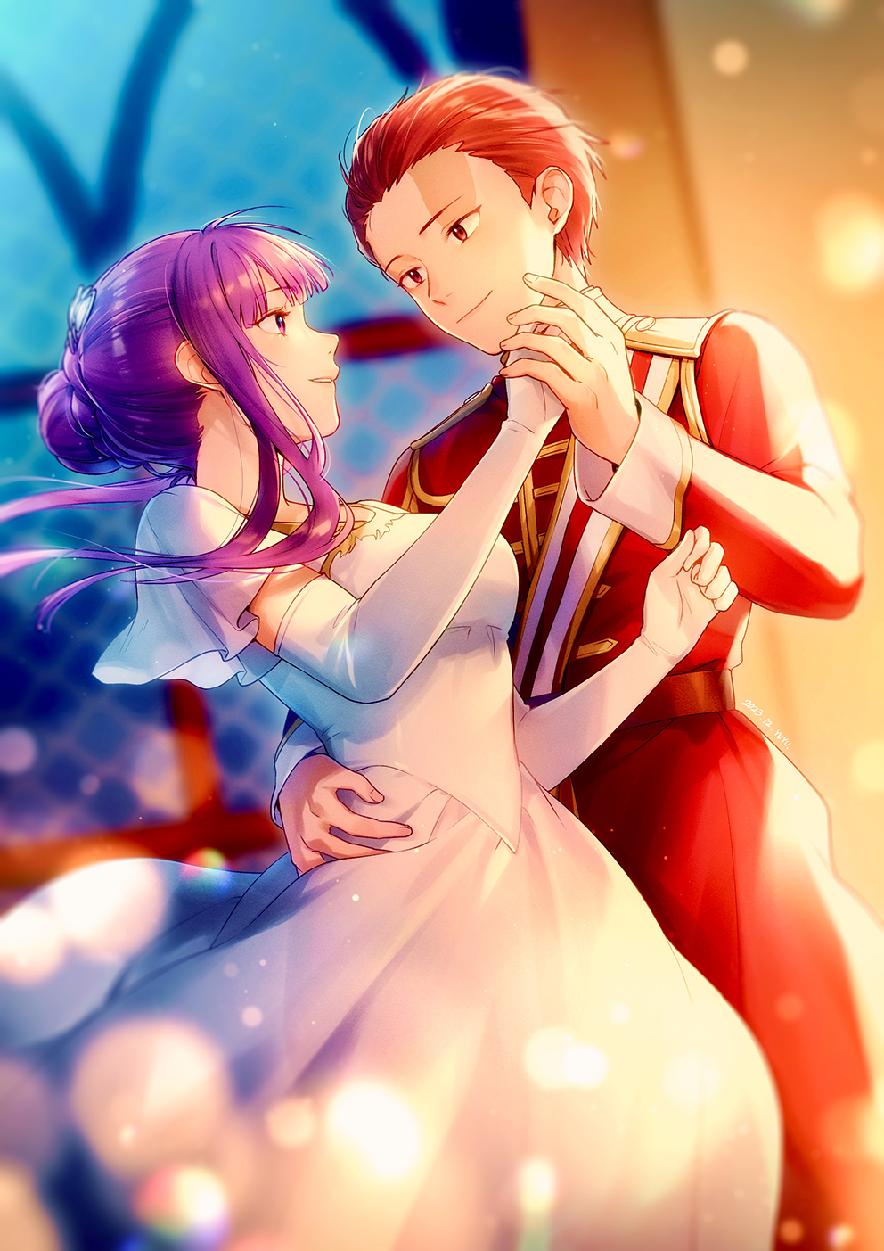 1boy 1girl ballroom closed_mouth dancing dress elbow_gloves fern_(sousou_no_frieren) forehead gloves hair_bun hair_pulled_back highres indoors long_hair long_sleeves looking_at_another night open_mouth pants purple_eyes purple_hair red_hair scar scar_on_face scar_on_forehead short_hair short_sleeves sidelocks smile sousou_no_frieren stark_(sousou_no_frieren) suit teeth upper_teeth_only white_dress white_gloves yuyu_(yuyudesu0806)