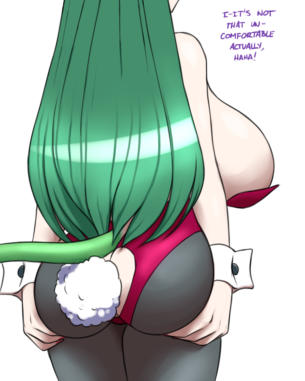 alien back_boob breasts bunny_costume buttplug buttplug_tail clothing costume cuffs_(clothing) dialogue dryad dryakui elf fake_tail female furball green_hair hair hi_res holding_butt humanoid kor'desse legwear leotard nokuri plug_(sex_toy) rear_view scut_tail sex_toy short_tail side_boob solo stockings tail vine_tail