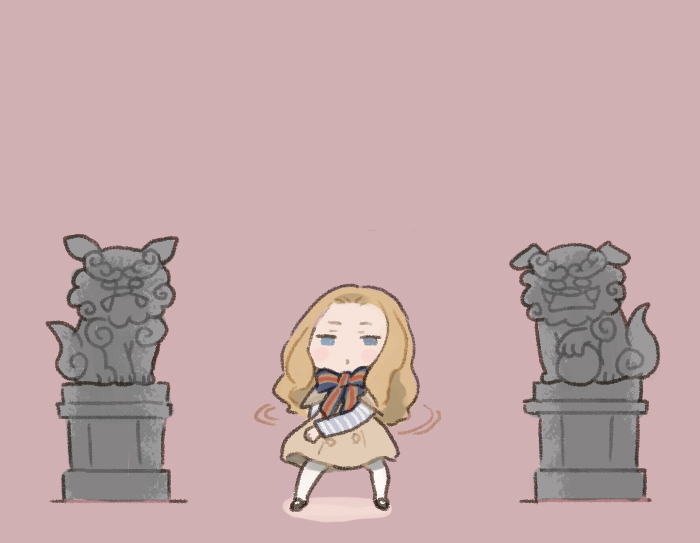 1girl blonde_hair blue_eyes brown_dress chibi commentary_request dancing dress forehead full_body long_hair long_sleeves looking_at_viewer m3gan m3gan_(character) negative_space pantyhose pink_background saiguchi_otoufu solo statue white_pantyhose