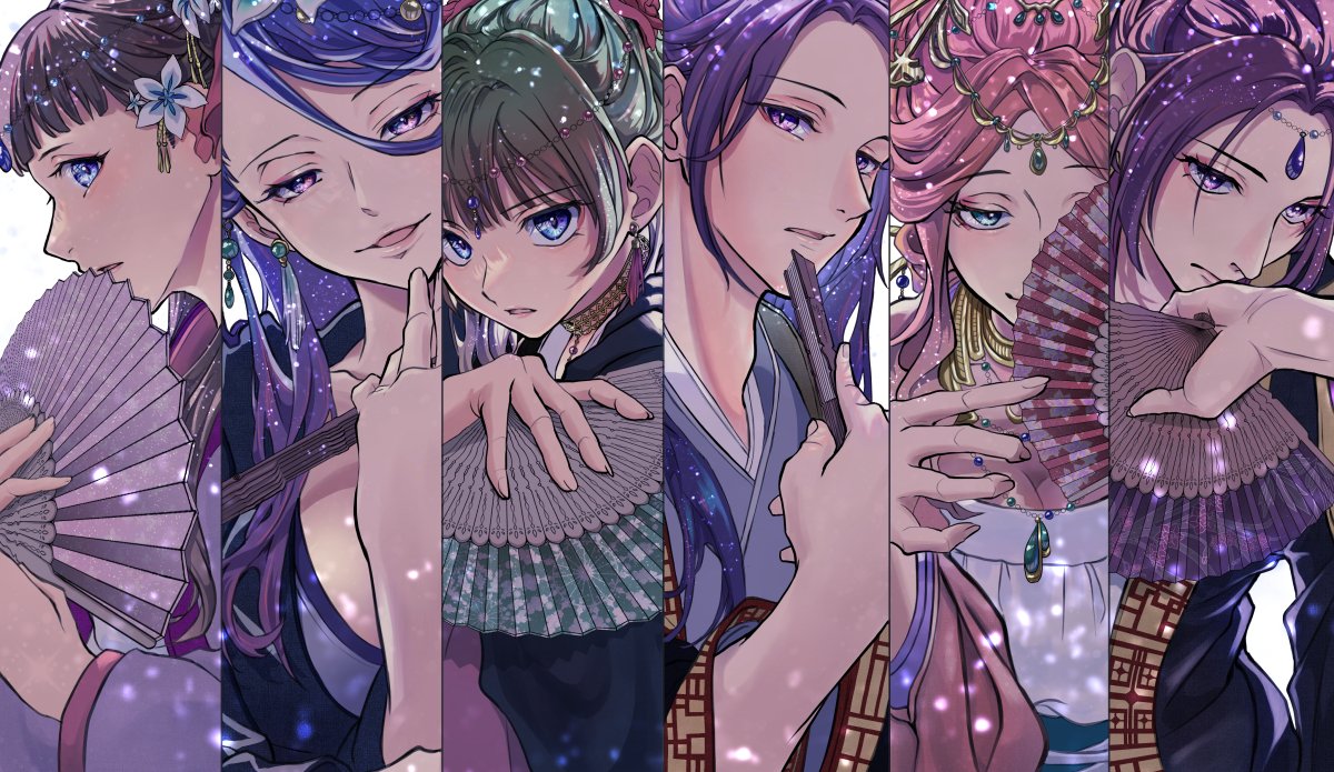 1boy 5girls adam's_apple ah-duo_(kusuriya_no_hitorigoto) androgynous bell blue_eyes blue_hair blunt_bangs breasts chinese_clothes circlet closed_mouth column_lineup dancing earrings flower folded_fan folding_fan green_hair gyokuyou_(kusuriya_no_hitorigoto) hair_between_eyes hair_flower hair_ornament hair_over_one_eye hair_stick hand_fan hand_up hanfu holding holding_fan jacket jewelry jingle_bell jinshi_(kusuriya_no_hitorigoto) kusuriya_no_hitorigoto large_breasts light_particles lihua_(kusuriya_no_hitorigoto) lishu_(kusuriya_no_hitorigoto) long_sleeves looking_at_viewer looking_to_the_side looking_up maomao_(kusuriya_no_hitorigoto) multiple_girls necklace ninaxi_sham one_eye_covered parted_bangs pink_hair profile purple_eyes purple_hair sideways_glance simple_background sparkle starry_sky_print tassel tassel_earrings upper_body white_background