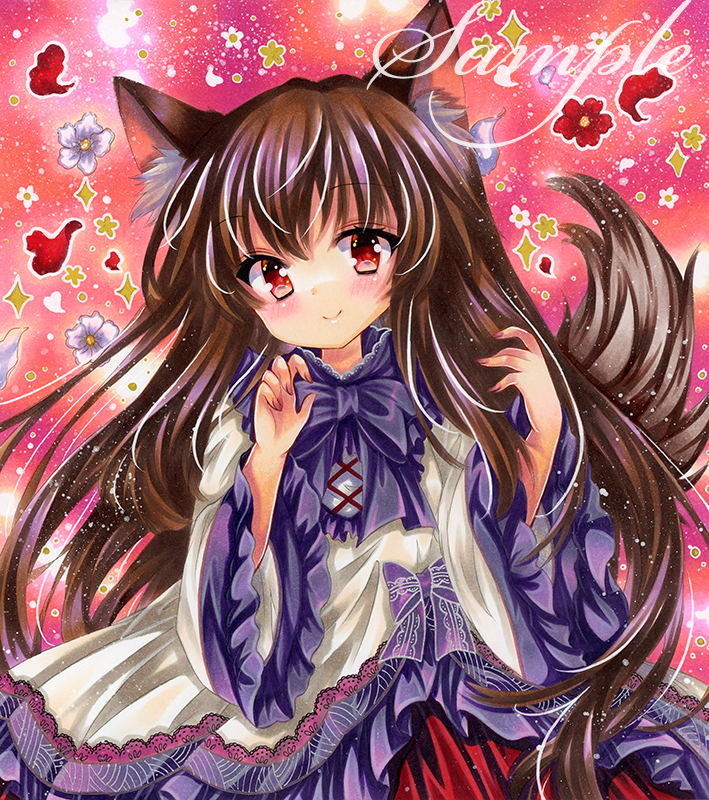 1girl animal_ear_fluff animal_ears brown_hair closed_mouth dress embellished_costume fingernails flower frilled_dress frills hands_up imaizumi_kagerou lace-trimmed_dress lace_trim long_hair long_sleeves looking_at_viewer marker_(medium) neck_ribbon petals purple_ribbon purple_trim red_eyes ribbon rui_(sugar3) sample_watermark smile solo tail tail_raised touhou traditional_media upper_body very_long_hair watermark white_dress white_flower wide_sleeves wolf_ears wolf_girl wolf_tail