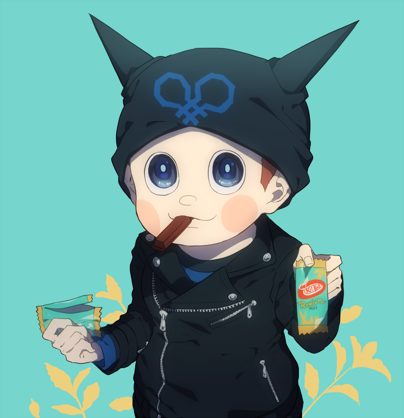 1boy animal_ear_headwear animal_ears aqua_background bag beanie black_eyes black_headwear black_jacket black_shirt black_sleeves blue_shirt blush_stickers brown_hair buttons candy cat_ears chocolate chocolate_bar closed_mouth collared_jacket commentary_request danganronpa_(series) danganronpa_v3:_killing_harmony fake_animal_ears fingernails food hat holding holding_bag holding_food hoshi_ryoma jacket kitkat kogarashi_8 layered_sleeves leaf leather leather_jacket long_sleeves looking_at_viewer male_focus mouth_hold partial_commentary plastic_bag pocket prison_clothes shirt short_hair simple_background smile solo striped striped_shirt two-tone_shirt upper_body very_short_hair zipper zipper_pull_tab