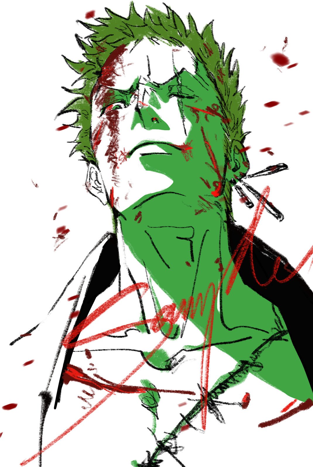 1boy blood blood_on_face blood_splatter close-up collarbone earrings fengcheche green_hair green_theme head highres injury jewelry looking_at_viewer male_focus one_piece open_clothes roronoa_zoro scar scar_across_eye scar_on_chest scar_on_face short_hair signature single_earring solo upper_body white_background