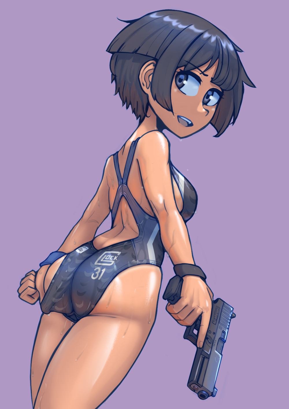 1girl ass black_eyes black_hair bob_cut borrowed_character breasts character_name clothes_pull competition_swimsuit cowboy_shot dutch_angle erica_(naze1940) from_behind g31_(jarv) glock gun handgun highres holding holding_weapon looking_back medium_breasts one-piece_swimsuit one-piece_swimsuit_pull open_mouth original purple_background short_hair sideboob simple_background smile solo swimsuit tan tanlines teeth trigger_discipline upper_teeth_only weapon wet wristband