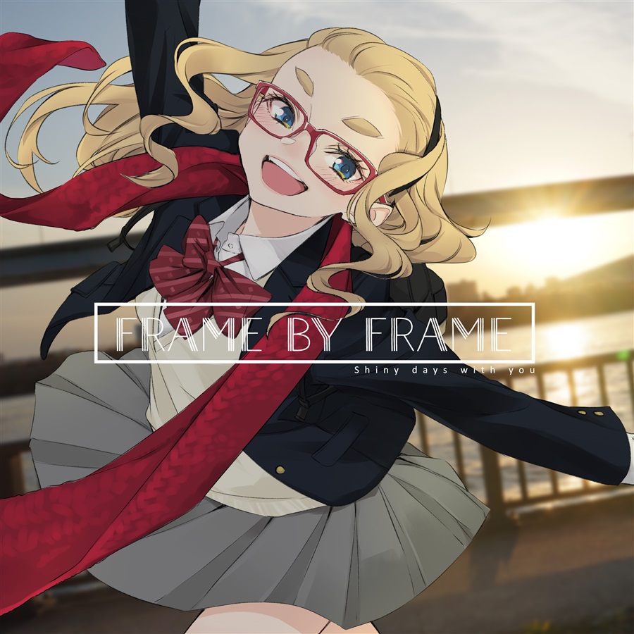 1girl black_hairband black_jacket blonde_hair blue_eyes blush bow bowtie cardigan collared_shirt cowboy_shot dekomegane glasses grey_skirt hairband jacket long_hair looking_at_viewer open_clothes open_jacket open_mouth original outdoors outstretched_arms photo_background railing red-framed_eyewear red_bow red_bowtie red_scarf sasetsu scarf school_uniform shirt skirt sky smile solo spread_arms sun thick_eyebrows water