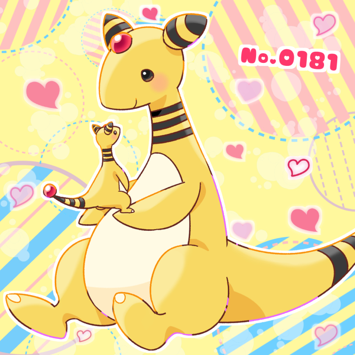 ampharos blush closed_mouth commentary_request commission heart looking_down no_humans outline pokedex_number pokemon pokemon_(creature) sitting skeb_commission smile soumendaze yellow_background
