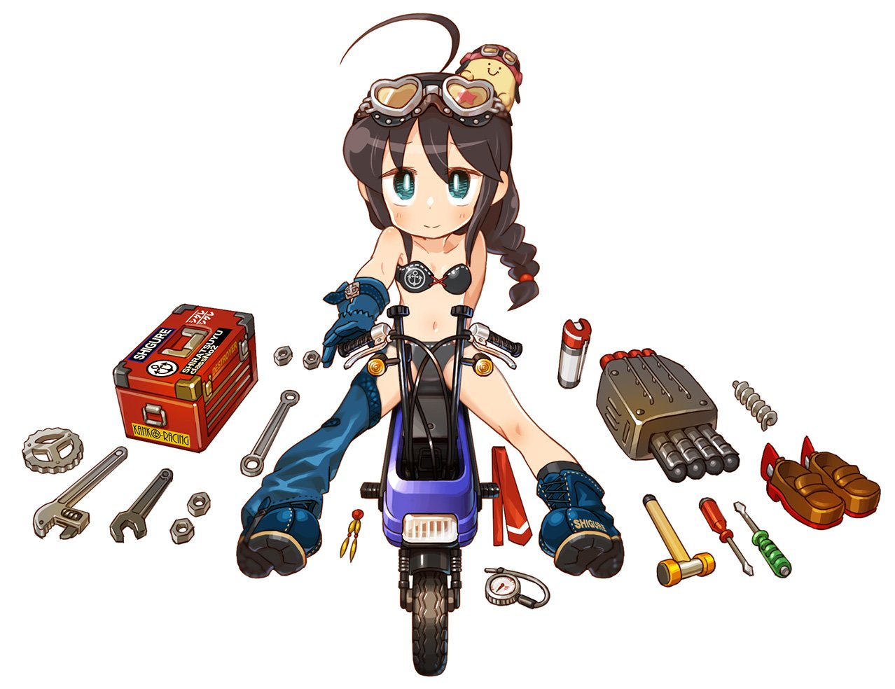 1girl 1other ahoge anchor_symbol asymmetrical_legwear bikini black_bikini black_hair blue_eyes blue_footwear blue_gloves boots braid brown_footwear chaki_(teasets) character_name checkered checkered_legwear commentary_request full_body gears gloves ground_vehicle hair_flaps hair_over_shoulder hammer honda honda_motocompo kantai_collection knolling loafers long_hair looking_at_viewer minibike motor_vehicle motorcycle nut_(hardware) remodel_(kantai_collection) riding screwdriver shigure_(kancolle) shoes shoes_removed single_braid single_thighhigh smile spray swimsuit thighhighs toolbox torpedo_launcher two-tone_background uneven_legwear white_background wrench
