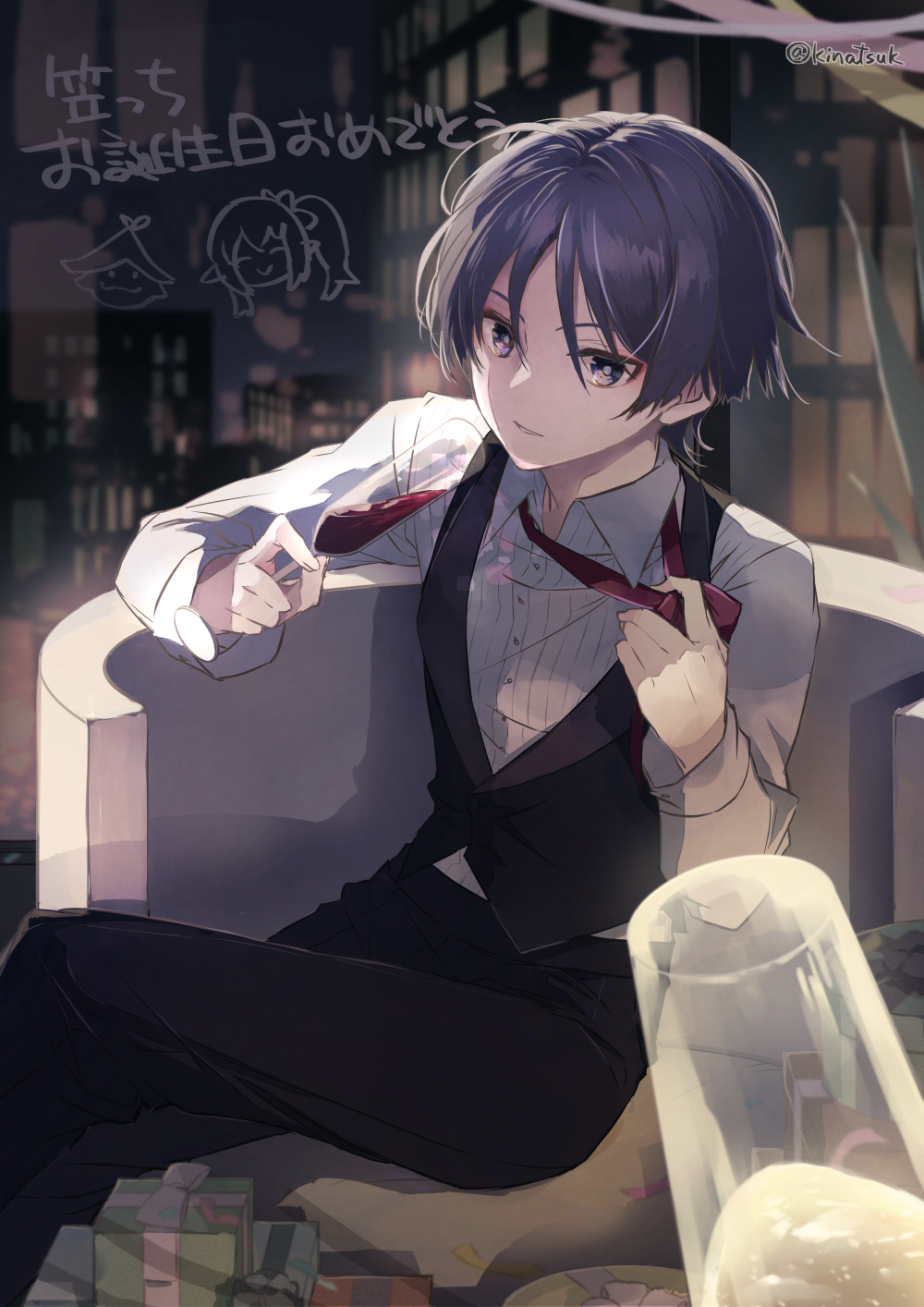1boy alcohol alternate_costume aranara_(genshin_impact) backlighting black_pants black_vest bow bowtie building champagne champagne_flute collared_shirt commentary_request couch cup drinking_glass genshin_impact gift giving happy_birthday highres holding holding_cup kinatsu_k long_sleeves looking_at_viewer male_focus nahida_(genshin_impact) pants purple_eyes purple_hair red_bow red_bowtie red_wine scaramouche_(genshin_impact) shirt skyscraper solo_focus translation_request untying vest wanderer_(genshin_impact) white_shirt