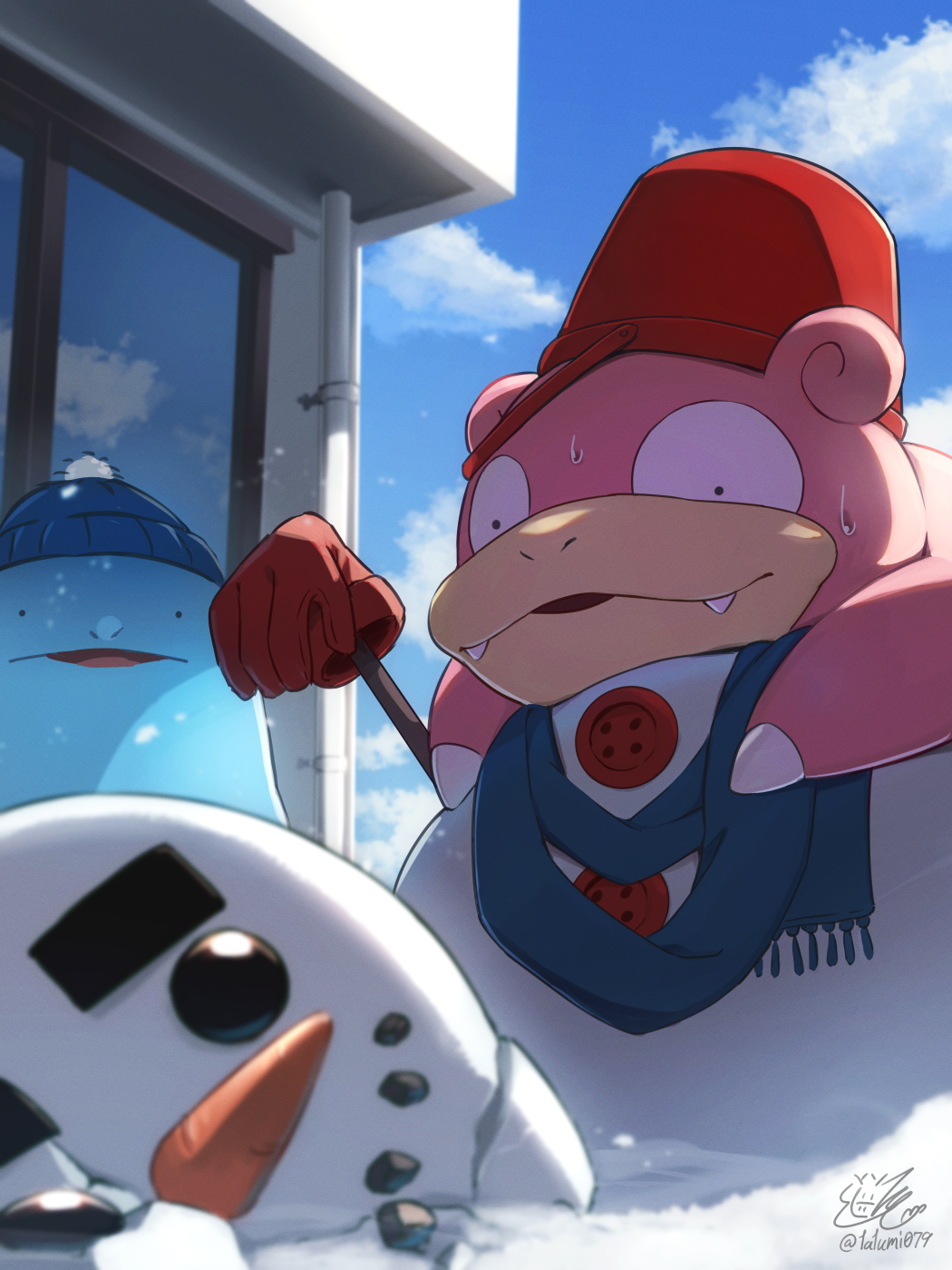 beanie black_eyes blue_headwear bucket bucket_on_head buttons cloud commentary_request day fangs fangs_out hat highres looking_down no_humans object_on_head outdoors pokemon pokemon_(creature) quagsire reflection scarf sky slowpoke snowman sweat tatsumi_(panneko) window