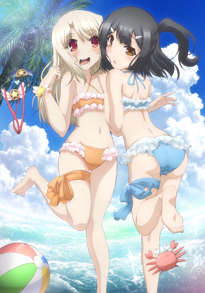 2girls :/ :d ass ass_visible_through_thighs back ball bare_shoulders barefoot beach beachball bikini black_hair blonde_hair blue_bikini blue_sky blush body_blush bracelet breath brown_eyes cloud cloudy_sky collarbone commentary_request crab criss-cross_halter day dot_nose eighth_note fate/kaleid_liner_prisma_illya fate_(series) feet flat_chest frilled_bikini frills from_behind groin hair_ornament hairclip half_updo halterneck hand_on_another's_shoulder heart illyasviel_von_einzbern jewelry kneepits leg_lift leg_ribbon legs long_hair looking_at_viewer looking_back magical_ruby magical_sapphire miyu_edelfelt multiple_girls musical_note navel nyantype ocean official_art open_mouth orange_bikini outdoors palm_tree parted_bangs parted_lips ponytail red_eyes ribbon satou_kaori shoulder_blades sky smile soles standing standing_on_one_leg star_(symbol) stomach swimsuit tareme teeth thigh_gap thigh_ribbon tree upper_teeth_only water