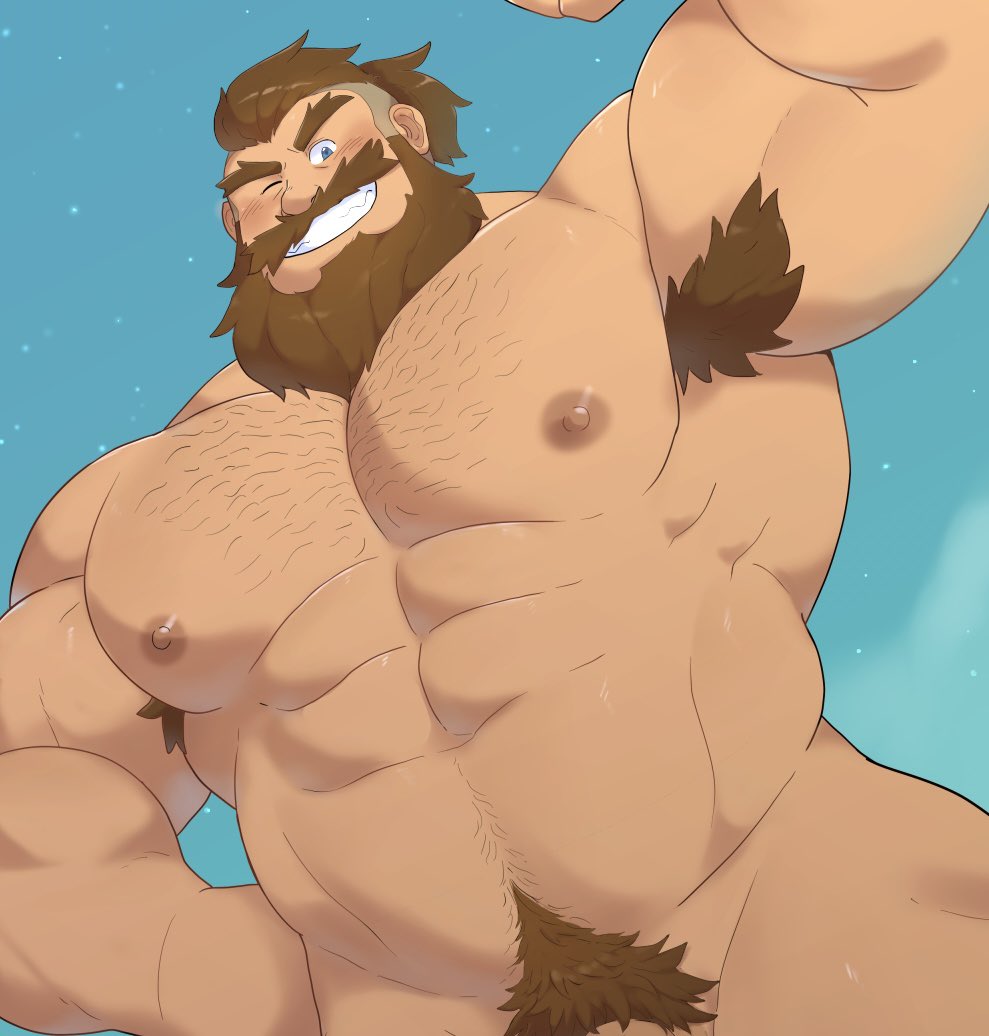 1boy abs armpit_hair armpits bara beard biceps blue_eyes brown_hair completely_nude cropped destroyer_(ni_no_kuni) dogoronumber3 english_commentary facial_hair hand_on_own_hip looking_at_viewer male_focus muscular muscular_male ni_no_kuni:_cross_worlds nipples nude one_eye_closed out-of-frame_censoring paid_reward_available pectorals ponytail pubic_hair sparse_chest_hair