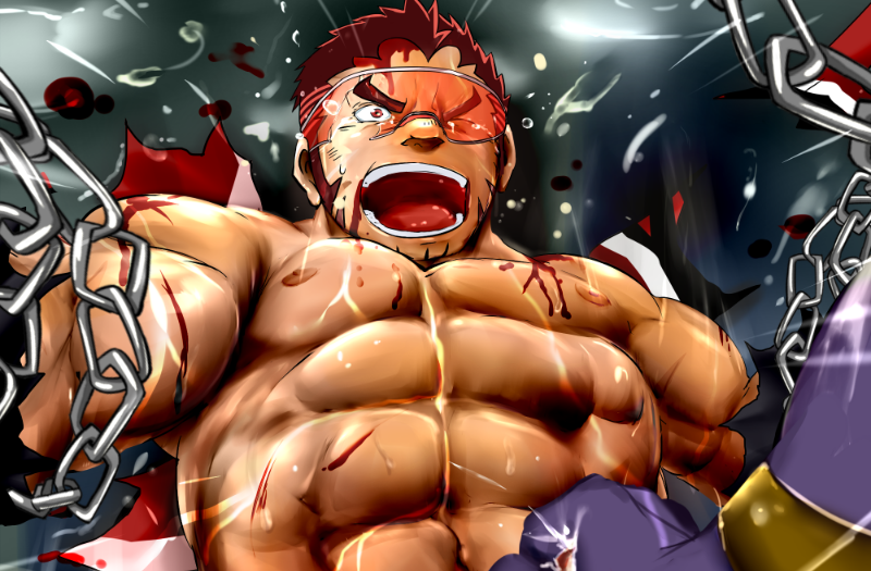 2boys akashi_(live_a_hero) bara bodysuit bound bulge defeat doro_rich facial_hair goatee goggles live_a_hero long_sideburns male_focus multiple_boys muscular muscular_male out-of-frame_censoring paid_reward_available pectorals punching red_eyes red_hair scar scar_on_face scar_on_nose short_hair sideburns solo_focus stomach_punch sweat thick_eyebrows torn_bodysuit torn_clothes upper_body