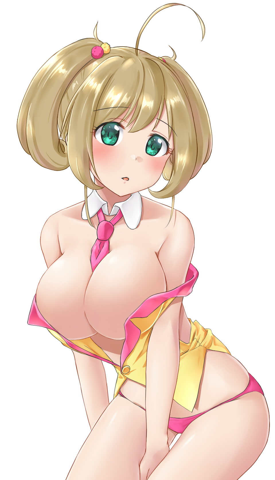 1girl ahoge aimobake bad_id bad_twitter_id bangs between_breasts blush bow breasts brown_hair cleavage collar commentary detached_collar green_eyes hair_bow head_tilt highres idolmaster idolmaster_cinderella_girls invisible_chair large_breasts looking_at_viewer necktie no_bra off_shoulder one_side_up panties parted_lips partially_unbuttoned pink_neckwear pink_panties satou_shin short_hair simple_background sitting solo underwear vest vest_pull white_background white_collar wing_collar yellow_vest
