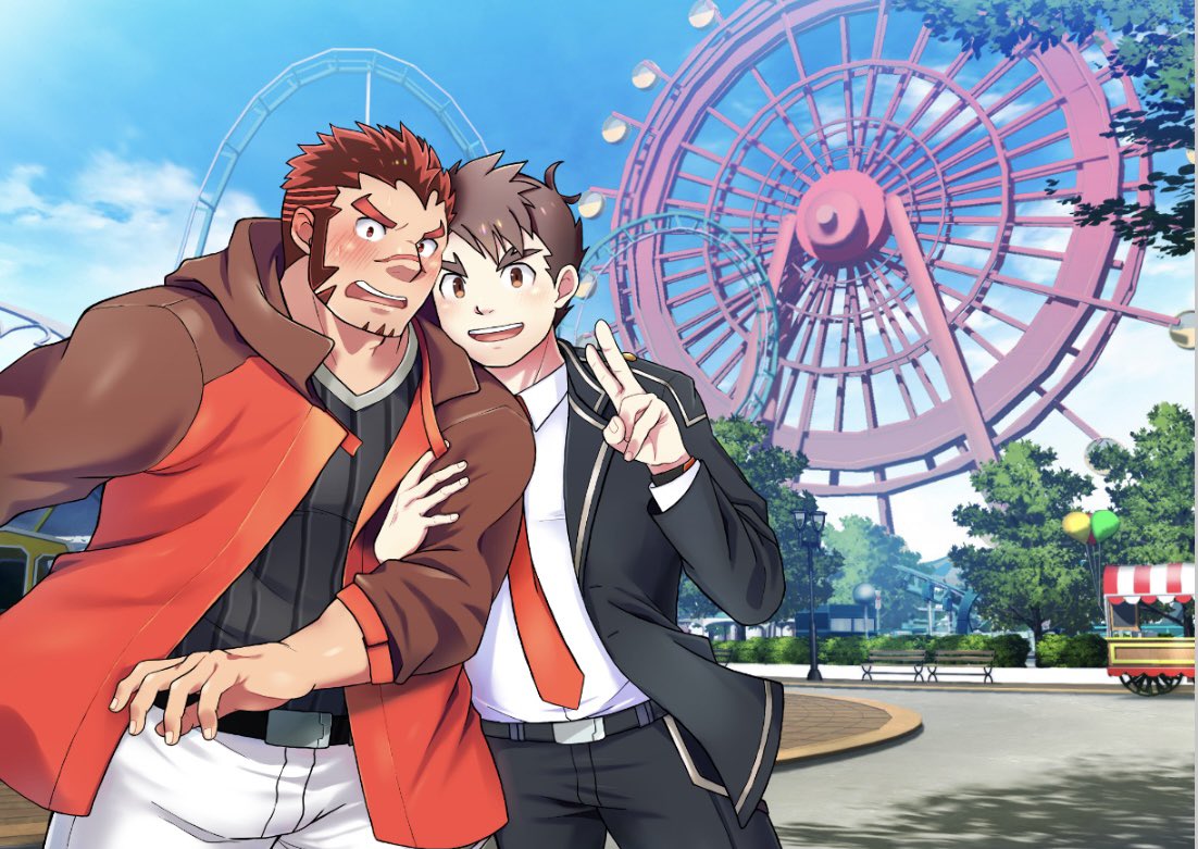 akashi_(live_a_hero) amusement_park bara blush bulge dating facial_hair ferris_wheel goatee grabbing_another's_arm live_a_hero long_sideburns male_focus male_protagonist_(live_a_hero) nama_mototo pants red_eyes red_hair roller_coaster scar scar_on_face scar_on_nose short_hair shy sideburns smile taking_picture thick_eyebrows v