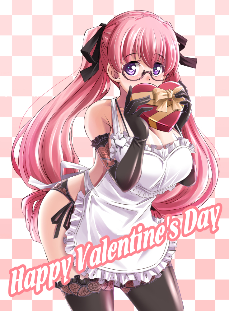 1girl apron bikini black-framed_eyewear black_gloves black_panties black_ribbon black_thighhighs blush box breasts checkered_background cleavage commentary_request covering_own_mouth cowboy_shot elbow_gloves english_commentary english_text frilled_apron frilled_gloves frilled_thighhighs frills gift gloves hair_ribbon happy_valentine heart-shaped_box holding holding_gift large_breasts leaning_forward long_hair looking_at_viewer low-tied_long_hair mixed-language_commentary nearly_naked_apron original panties pink_hair purple_eyes ribbon semi-rimless_eyewear side-tie_bikini_bottom solo standing swimsuit thighhighs tonpuu twintails under-rim_eyewear underwear valentine very_long_hair