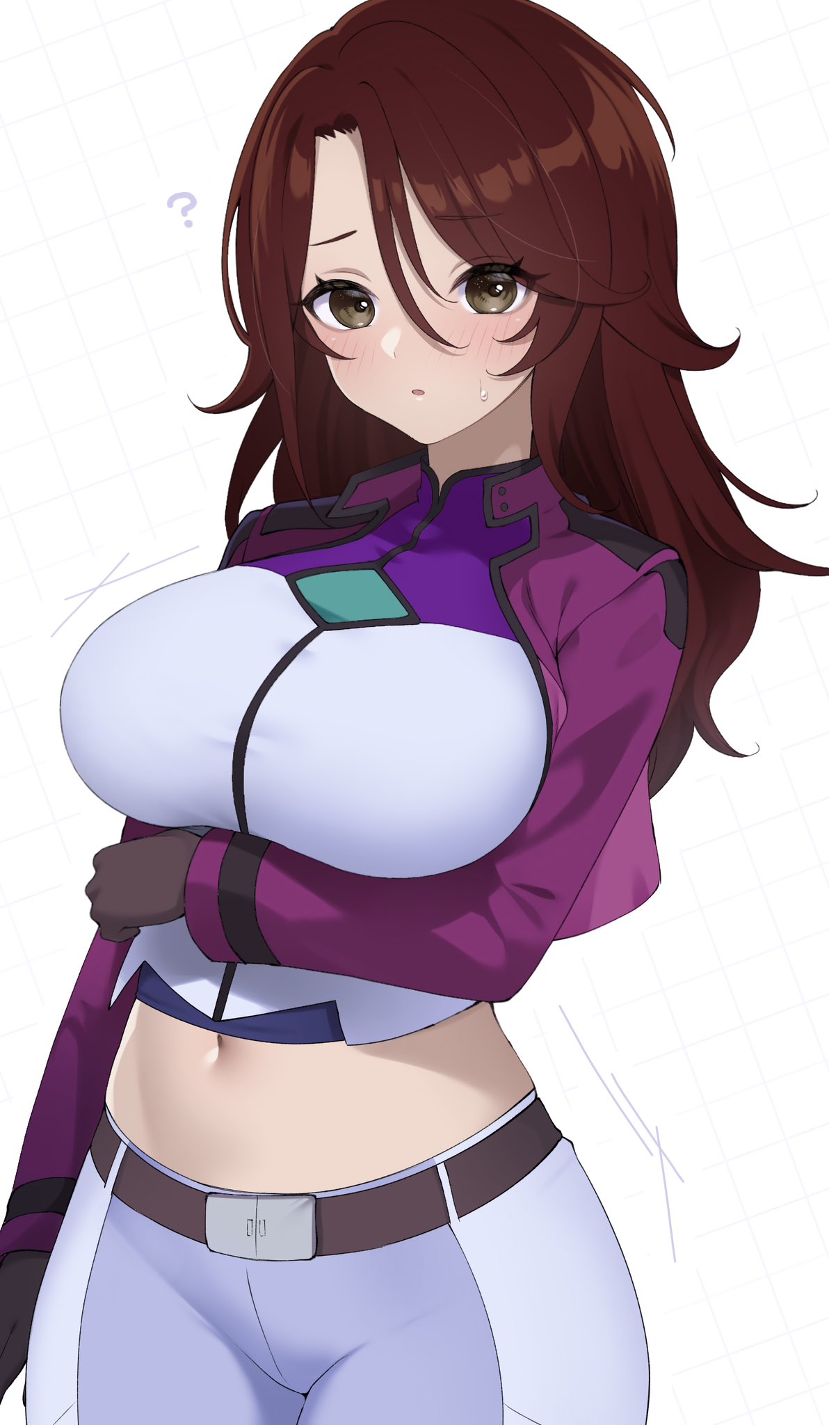 1girl ? arm_at_side arm_under_breasts belt belt_buckle blue_pants breasts brown_belt brown_eyes brown_gloves brown_hair buckle campbell_xx celestial_being_uniform commentary_request cropped_jacket cropped_shirt gloves gundam gundam_00 hair_between_eyes highres impossible_clothes impossible_shirt jacket large_breasts light_blush long_sleeves looking_at_viewer midriff navel pants parted_lips purple_jacket shirt solo sumeragi_lee_noriega sweatdrop uniform