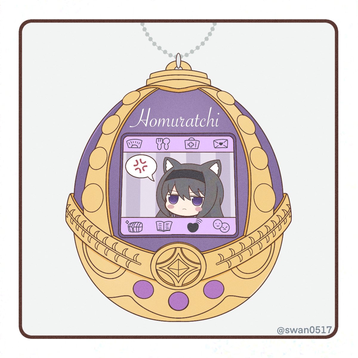 1girl akemi_homura anger_vein animal_ears black_hair black_hairband blush_stickers brand_name_imitation cat_ears chibi hairband highres jitome light_frown mahou_shoujo_madoka_magica mahou_shoujo_madoka_magica_(anime) purple_eyes solo soul_gem spoken_anger_vein tamagotchi twitter_username yuno385