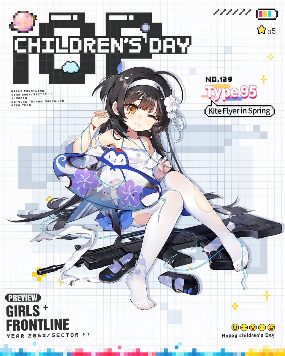 1girl :s aged_down battery_indicator black_footwear black_hair blue_skirt blunt_bangs blush broken camisole character_name children's_day commentary company_name copyright_name english_commentary feet floral_print flower full_body girls'_frontline grid_background hair_flower hair_ornament hairband hatoyama_itsuru highres kite kite_string long_hair long_sleeves mary_janes military_vehicle motor_vehicle official_alternate_costume official_art one_eye_closed pantyhose planet pleated_skirt print_pantyhose red_wristband ribbon scorch_mark second-party_source shirt shoes sitting skirt solo star_(symbol) string_around_finger tank tears toes torn_clothes torn_pantyhose torn_shirt type_95_(girls'_frontline) type_95_(kite_flyer_in_spring)_(girls'_frontline) type_95_ha-gou unworn_shoes very_long_hair weapon_on_floor white_camisole white_flower white_hairband white_pantyhose white_ribbon white_shirt yellow_eyes