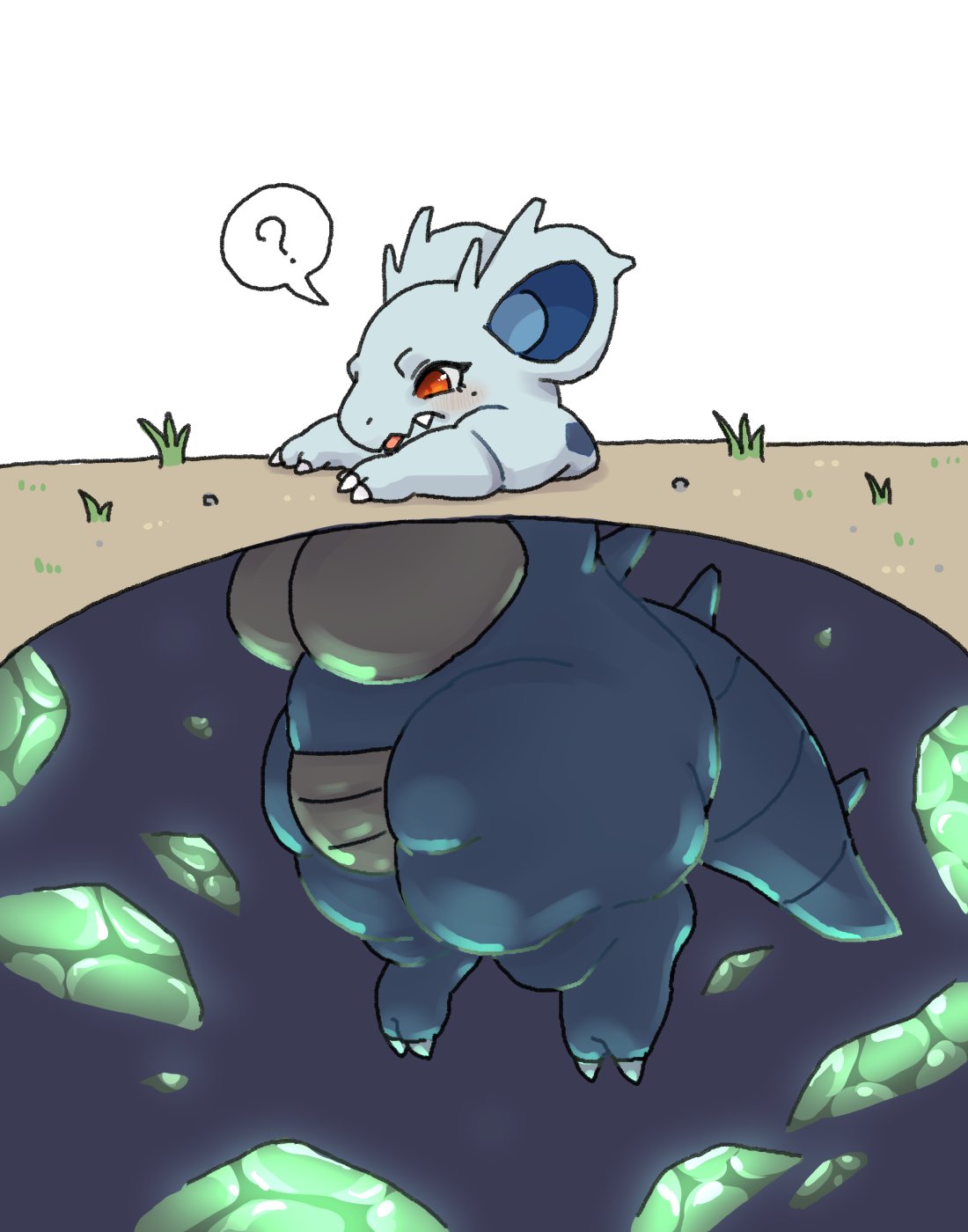 beauty_mark belly big_belly big_breasts bipedal_feral blue_body blush breasts buried busty_feral claws curvy_figure evolution_(transformation) evolutionary_stone featureless_breasts female feral generation_1_pokemon hi_res huge_breasts mid_transformation moon_stone nidoqueen nidorina nintendo outside pokemon pokemon_(species) question_mark red_eyes semi-anthro slightly_chubby solo split_form stocky tail thick_tail thick_thighs tokumori_kaisen tongue tongue_out transformation voluptuous wide_hips