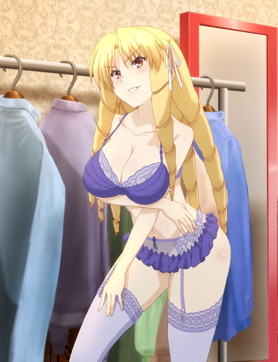 anime_screencap blonde_hair bra breasts drill_hair fate/kaleid_liner_prisma_illya fate_(series) garter_belt highres large_breasts luviagelita_edelfelt non-web_source seductive_smile smile smug thighhighs underwear wardrobe