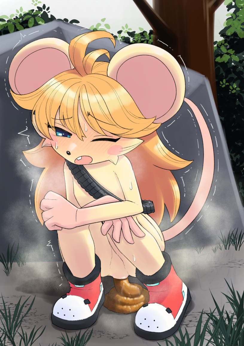 anthro belt blonde_hair blue_eyes blush blush_stickers bodily_fluids buckteeth chizune's_exploration_of_universes chizune_(soya_1st) clothing feces female footwear hair long_hair mammal mostly_nude mouse murid murine pooping rodent scat shoes sneakers solo sweat tail teeth unoroute unousaya