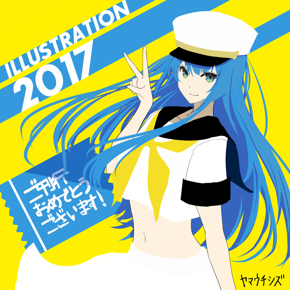 1girl 2017 aqua_eyes bangs black_sailor_collar blue_hair chef_no_kimagure_salad crop_top flat_color hand_up illustration.media long_hair midriff navel neckerchief original sailor_collar shirt short_sleeves skirt solo upper_body v white_headwear white_shirt white_skirt yellow_neckwear