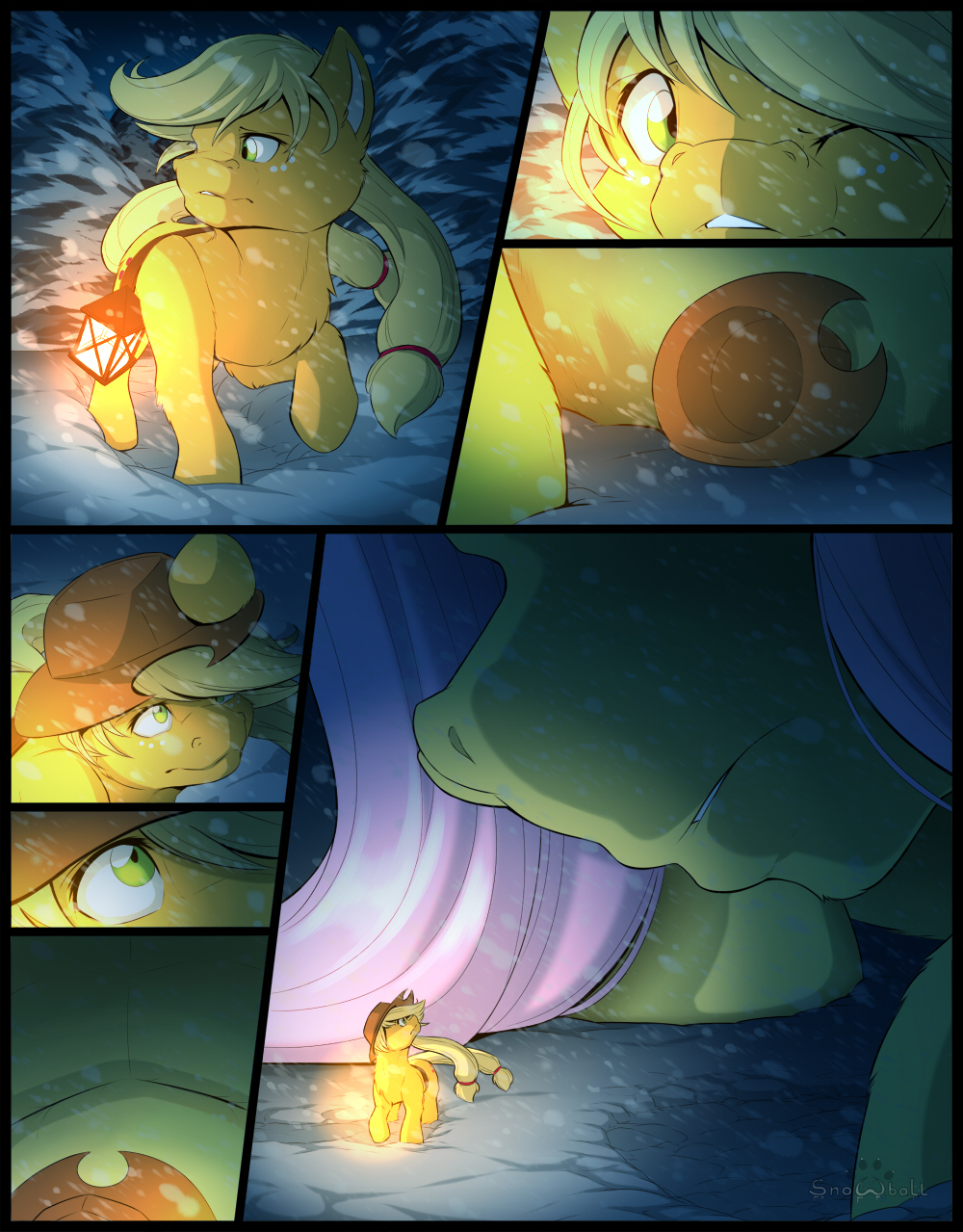 2024 ambiguous_gender applejack_(mlp) clothing comic digital_media_(artwork) duo earth_pony equid equine extreme_size_difference feral fluttershy_(mlp) friendship_is_magic fur hasbro hat headgear headwear hi_res horse lamp lantern macro mammal my_little_pony one_eye_closed outside plant pony s2-freak size_difference snow tree winter