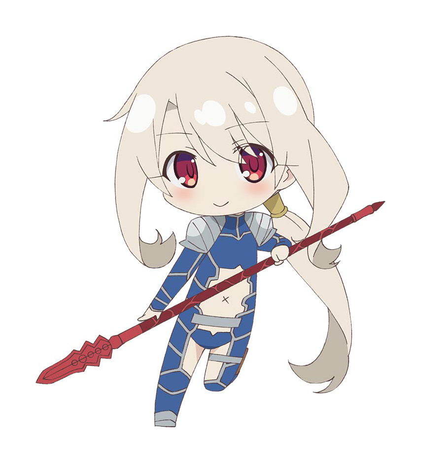 1girl armor blonde_hair blue_bodysuit bodysuit boots chibi chibi_only closed_mouth commentary_request fate/kaleid_liner_prisma_illya fate_(series) flat_chest full_body gae_bolg_(fate) hair_between_eyes holding holding_polearm holding_weapon illyasviel_von_einzbern light_blush long_hair looking_at_viewer navel official_art polearm red_eyes shoulder_armor sidelocks simple_background smile solo spear standing very_long_hair weapon white_background x_navel