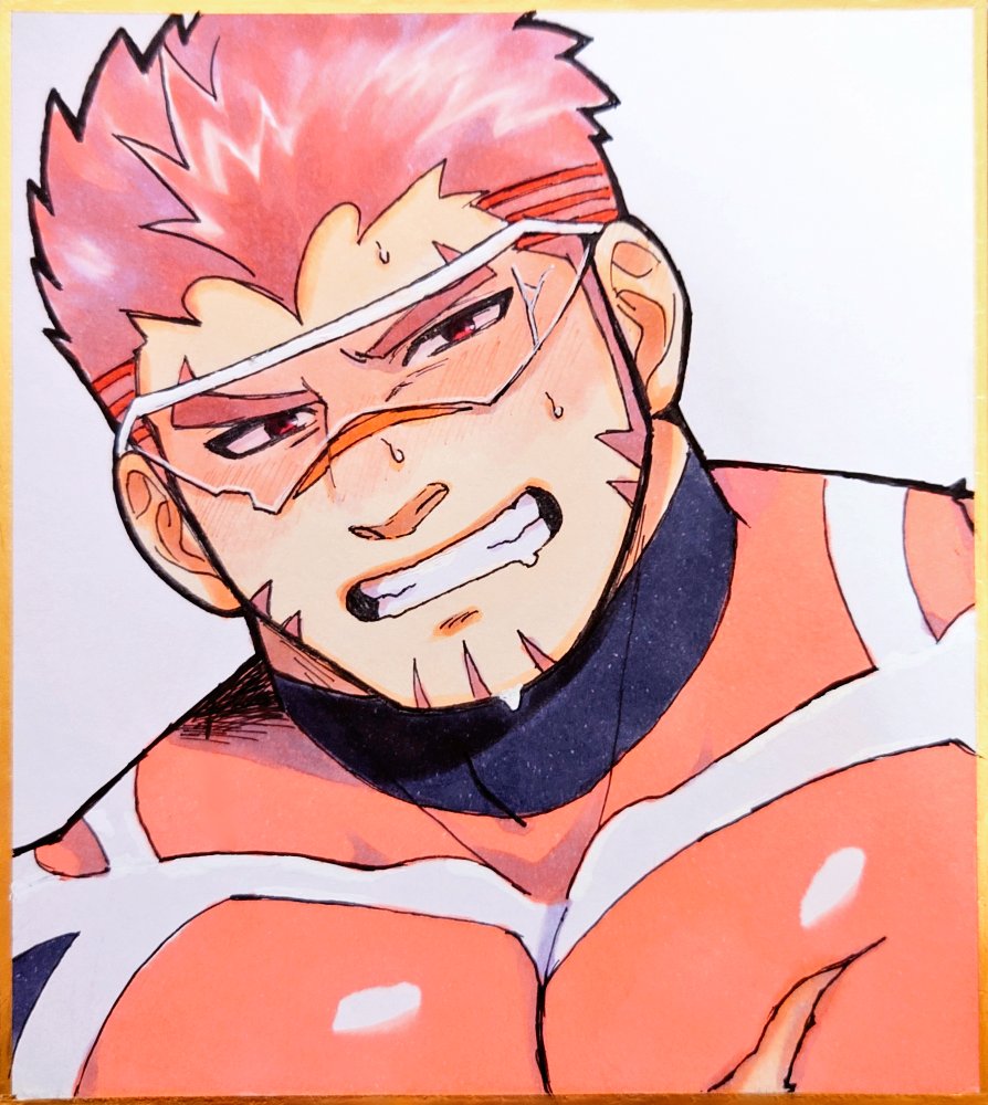 1boy akashi_(live_a_hero) bad_id bad_twitter_id bara blush bodysuit clenched_teeth drooling facial_hair goatee large_pectorals live_a_hero long_sideburns looking_at_viewer male_focus mouth_drool muscular muscular_male oskn_tengoku pectorals photo_(medium) red_eyes red_hair scar scar_on_face scar_on_nose shikishi short_hair sideburns solo sweat teeth thick_eyebrows torn_bodysuit torn_clothes traditional_media