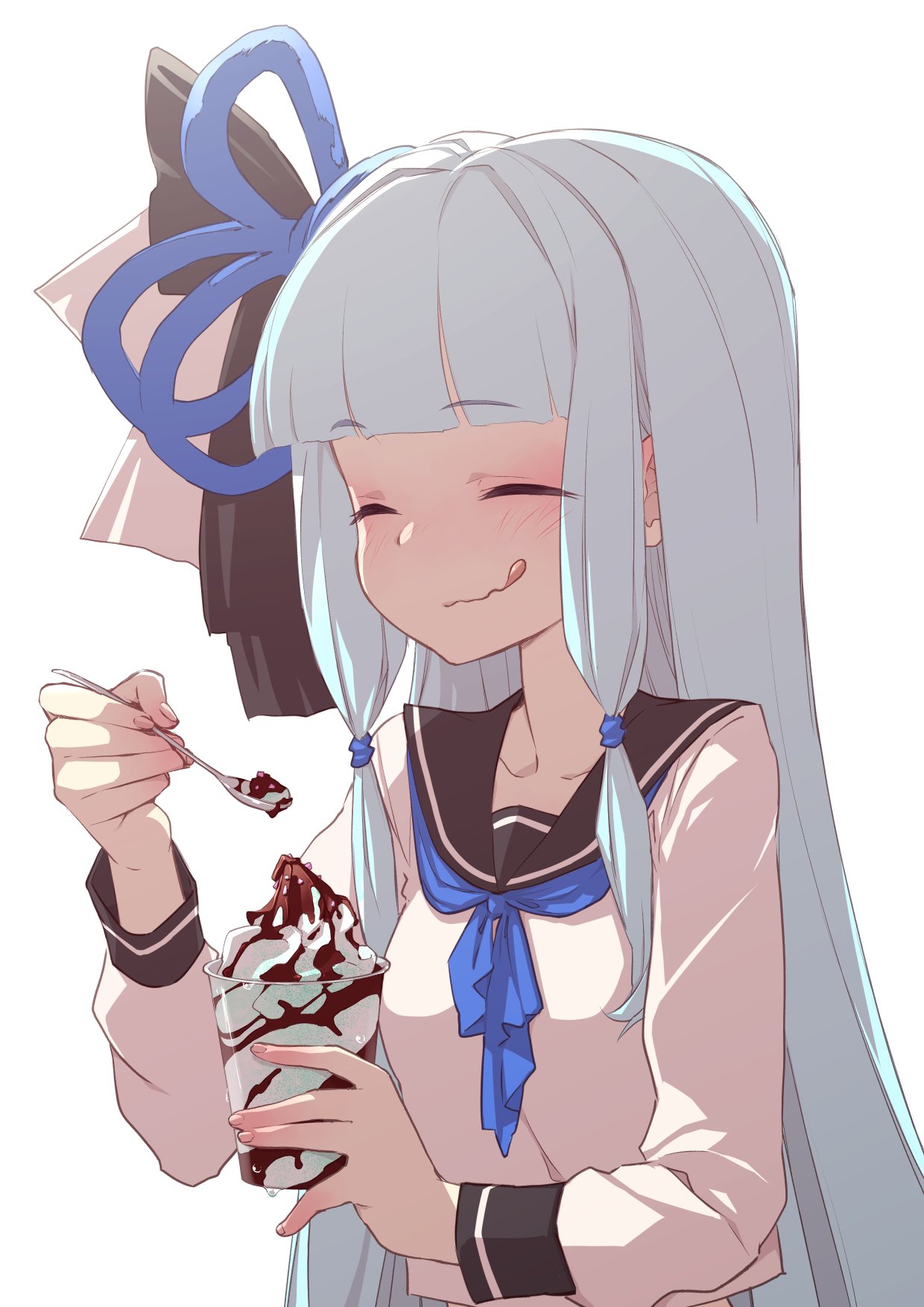 1girl :q alternate_costume backlighting black_ribbon black_sailor_collar blue_hair blue_neckerchief blue_ribbon blunt_bangs blush commentary_request hair_ribbon happy highres holding holding_spoon ice_cream_cup ice_cream_spoon kotonoha_aoi licking_lips long_hair long_sleeves low-tied_sidelocks mint_chocolate neckerchief pink_ribbon ribbon sailor_collar school_uniform serafuku shirt sidelocks simple_background smile solo spoon tongue tongue_out upper_body voiceroid wavy_mouth white_background white_shirt yamadori_seika
